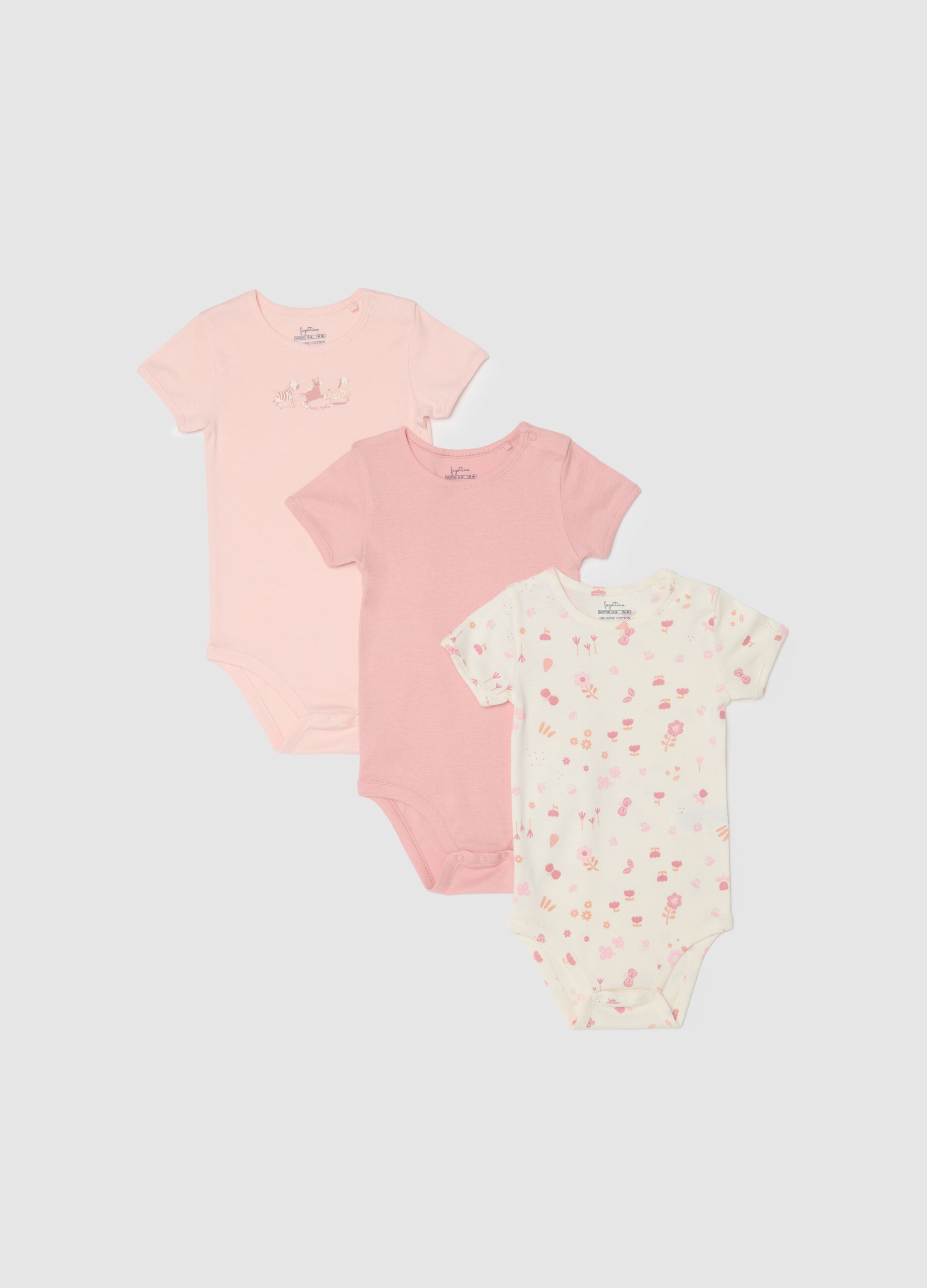 Multicolour short-sleeve bodysuit tripack for baby girls in pure cotton