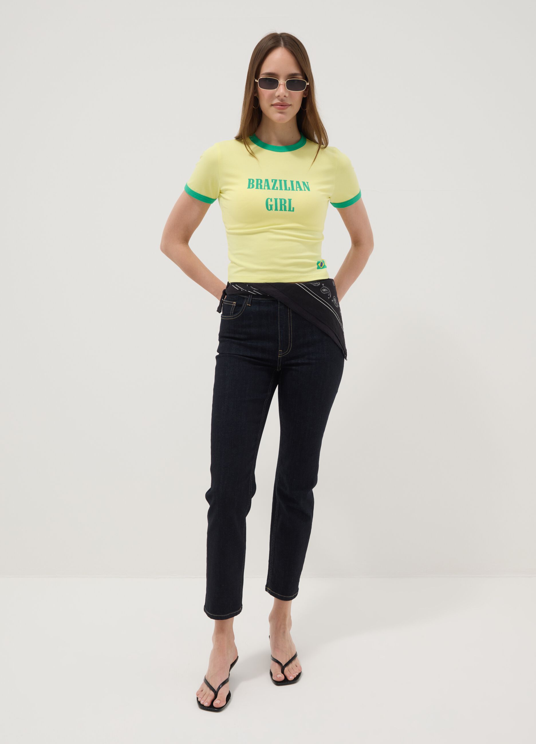 Yellow stretch-cotton tank top with Brazilian Girl print, regular fit