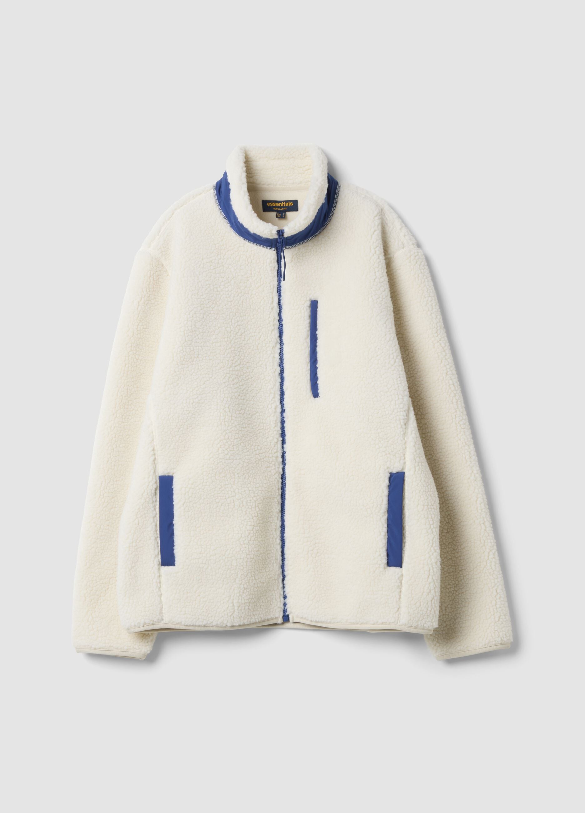 Cream white regular-fit sherpa sweatshirt with crew neck and zip