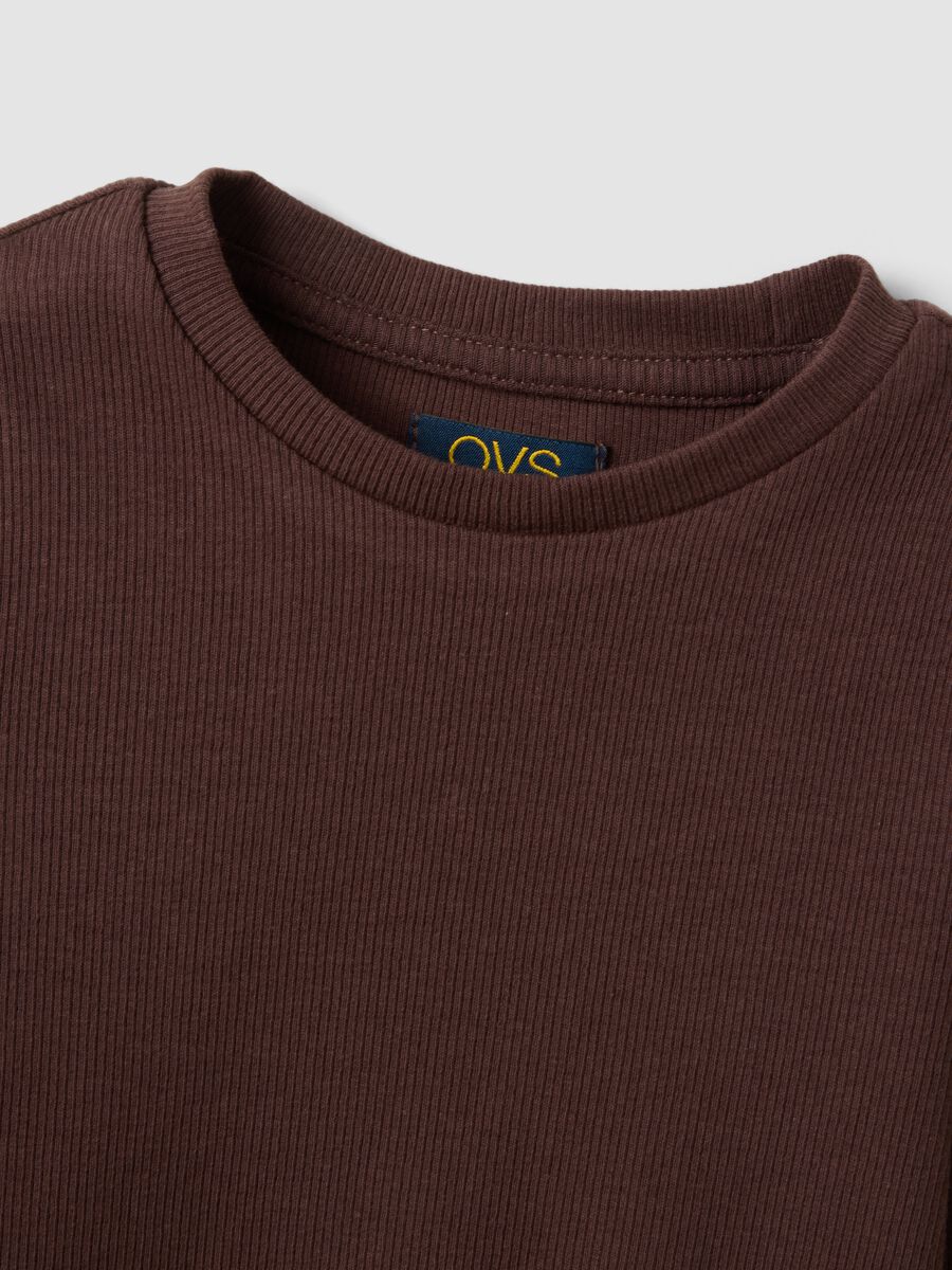 Brown ribbed organic stretch cotton T-shirt_3