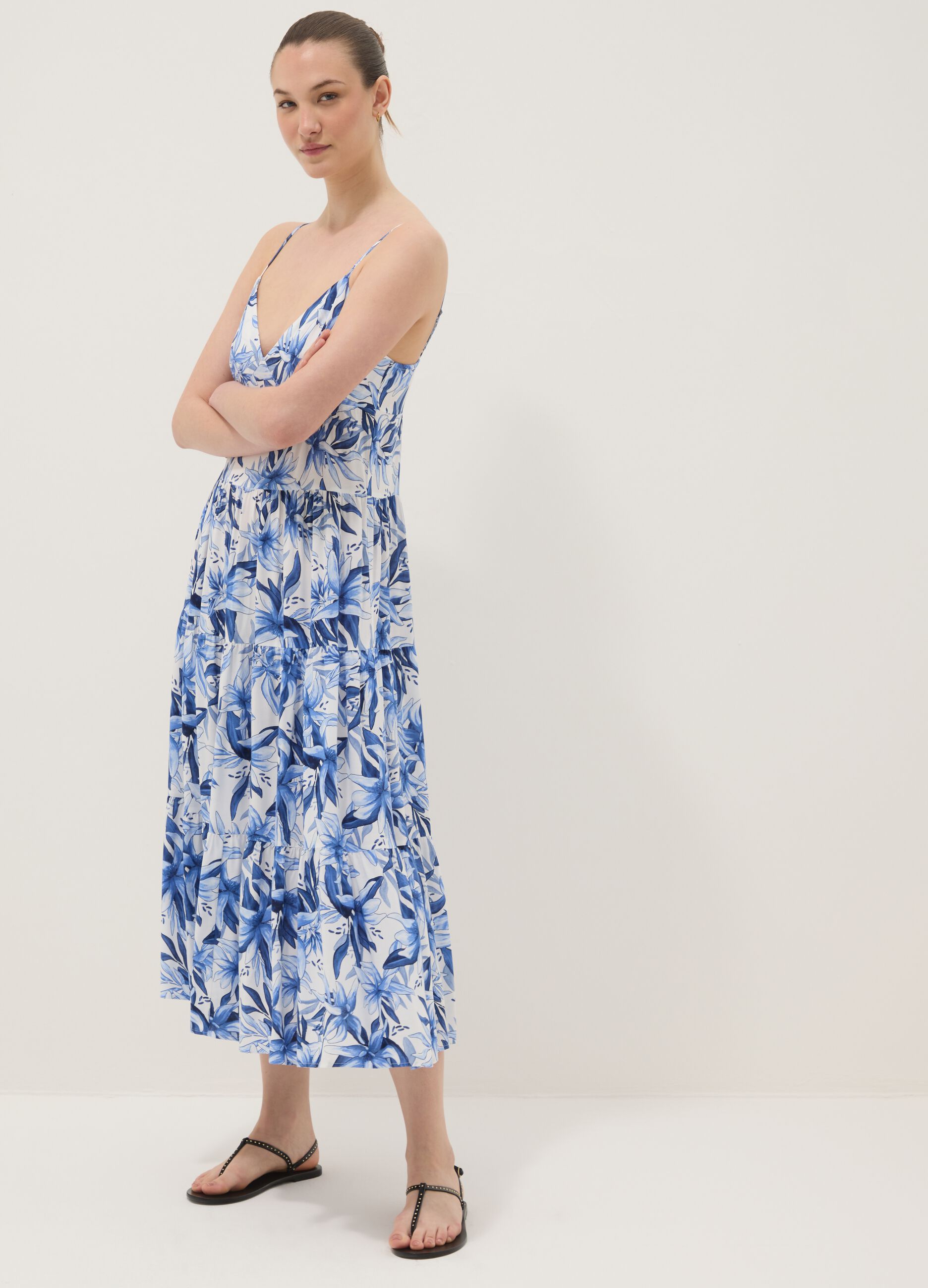 Blue and white pure viscose maxi dress with floral print