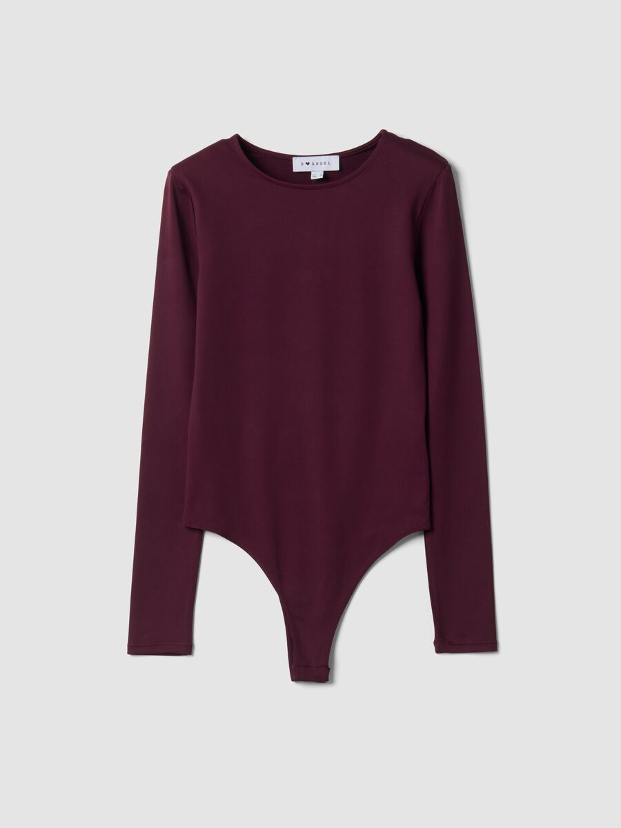 Purple fitted stretch bodysuit with crew neck_0