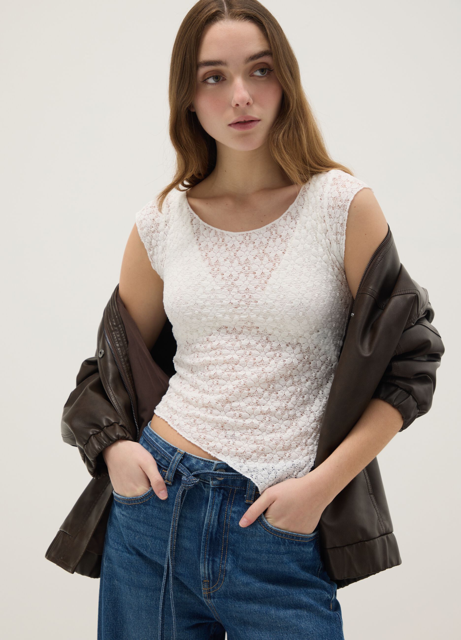 White slim fit cotton blend T-shirt with perforated design