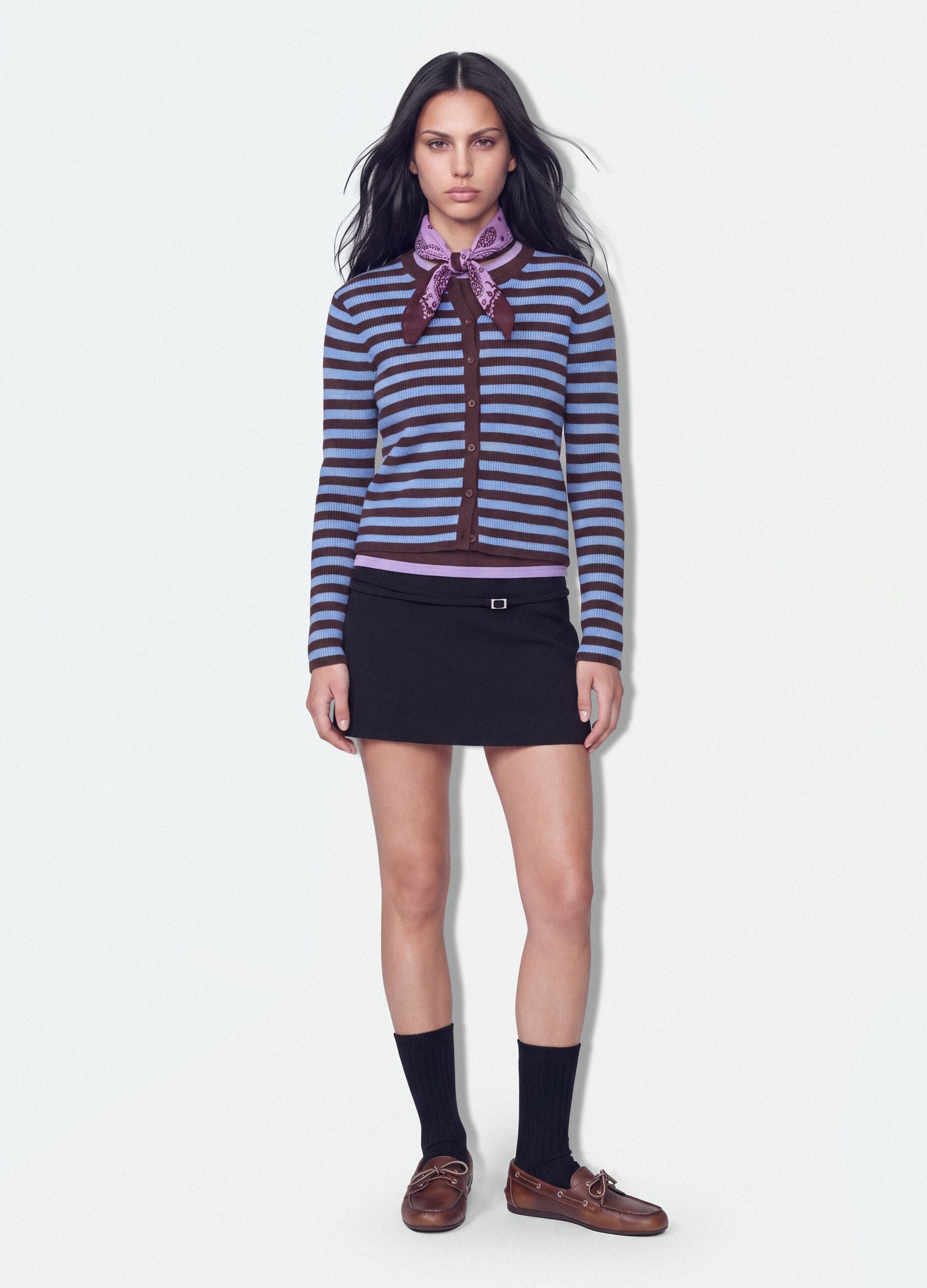 Blauer, gestreifter Oversize-Cardigan mit Rundhalsausschnitt aus Lyocell-Wollmix