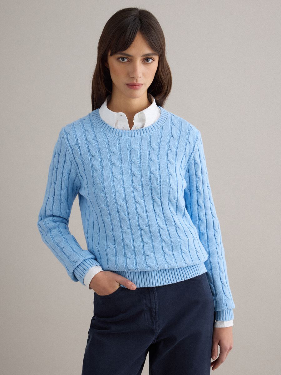 Blue pure cotton regular fit sweater with cable knit_0
