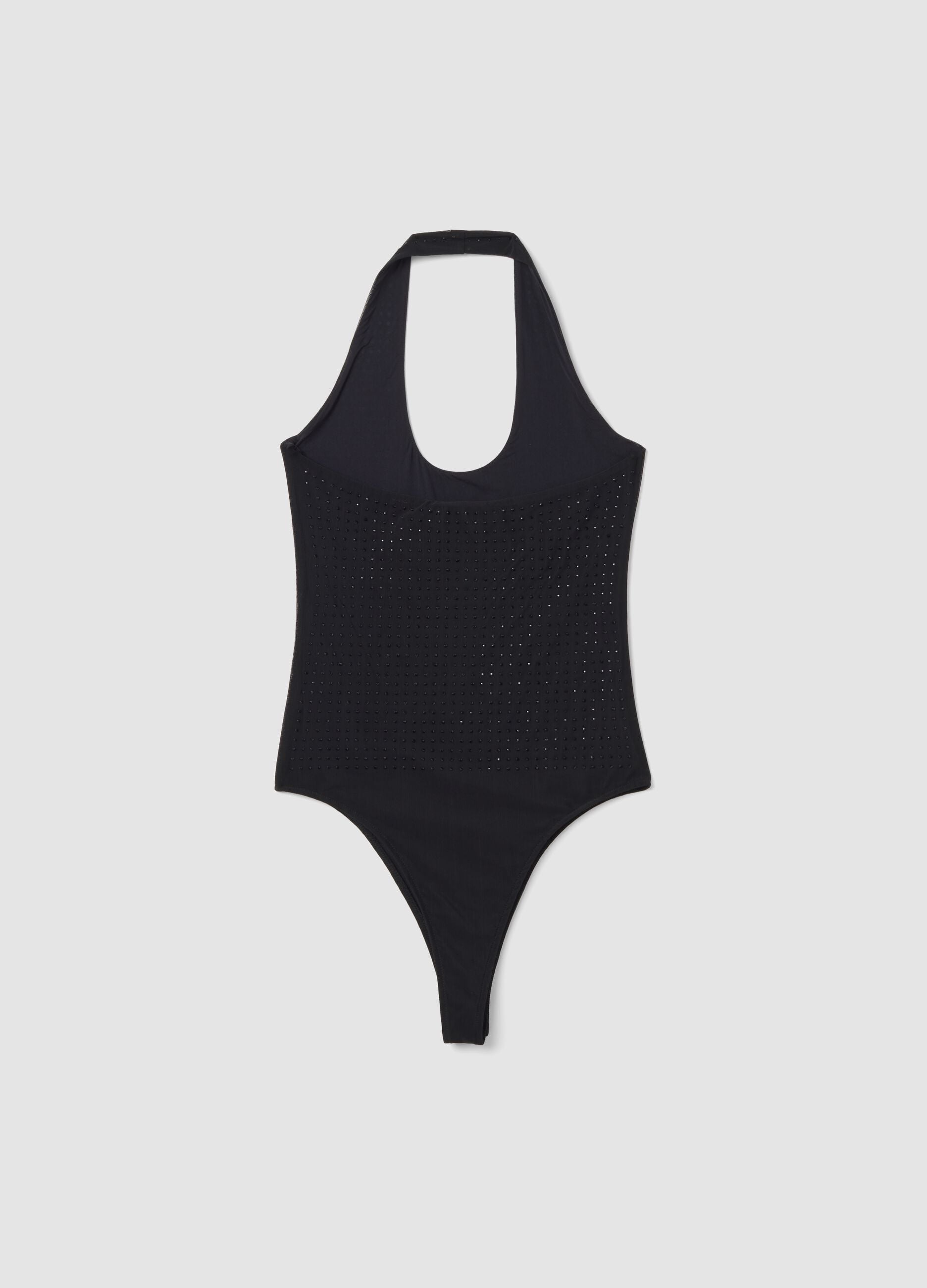 Black stretch bodysuit with rhinestones, regular fit