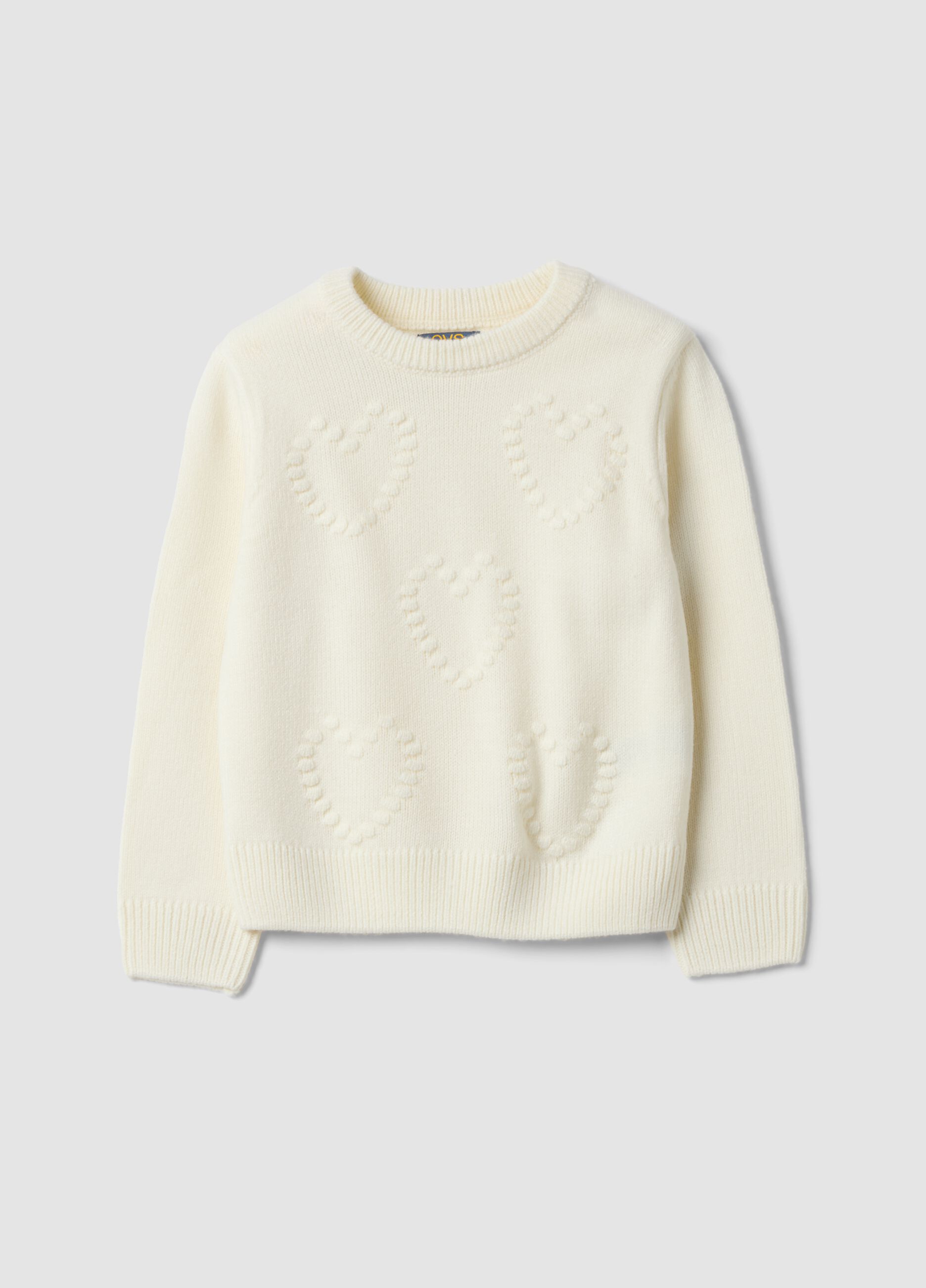 White crew-neck jumper with raised hearts, regular fit, for girls