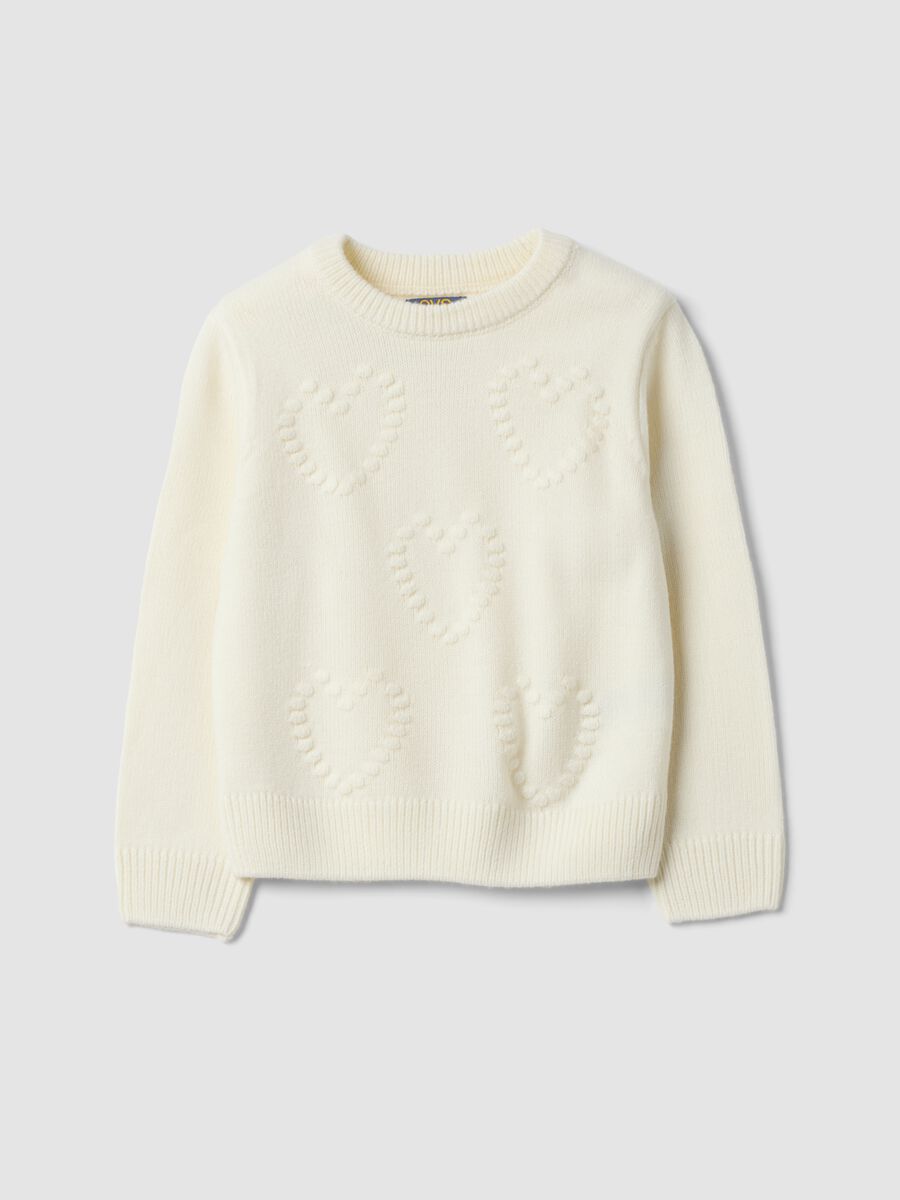 White crew-neck jumper with raised hearts, regular fit, for girls_0