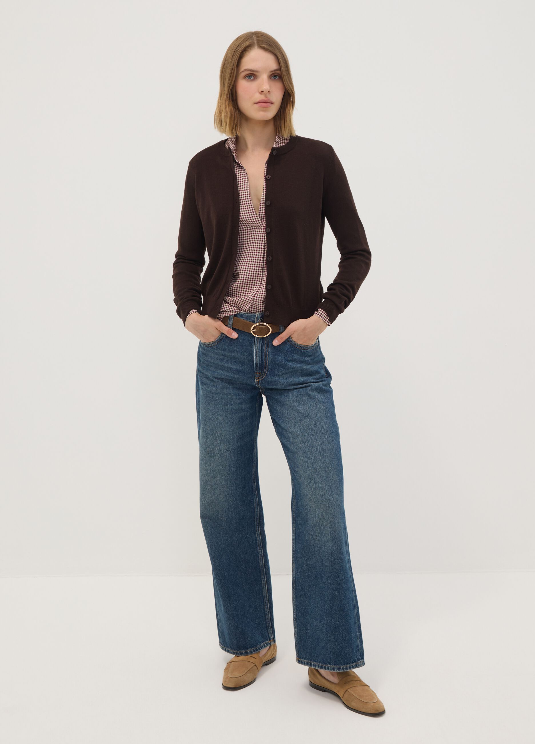 Brown wool-blend crew-neck cardigan