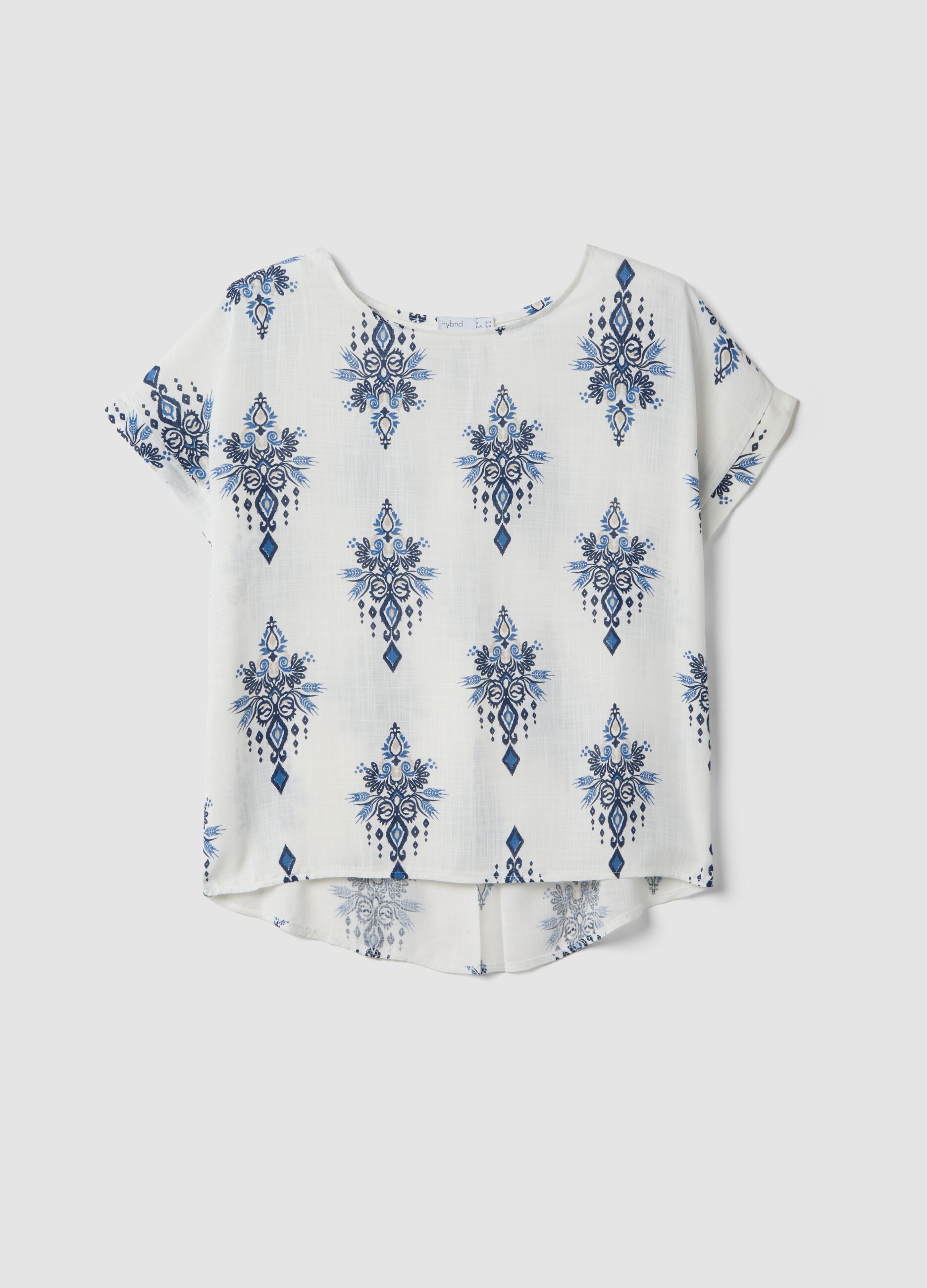 Wei&szlig;e Bluse aus reiner Viskose mit blauem Print, Regular Fit