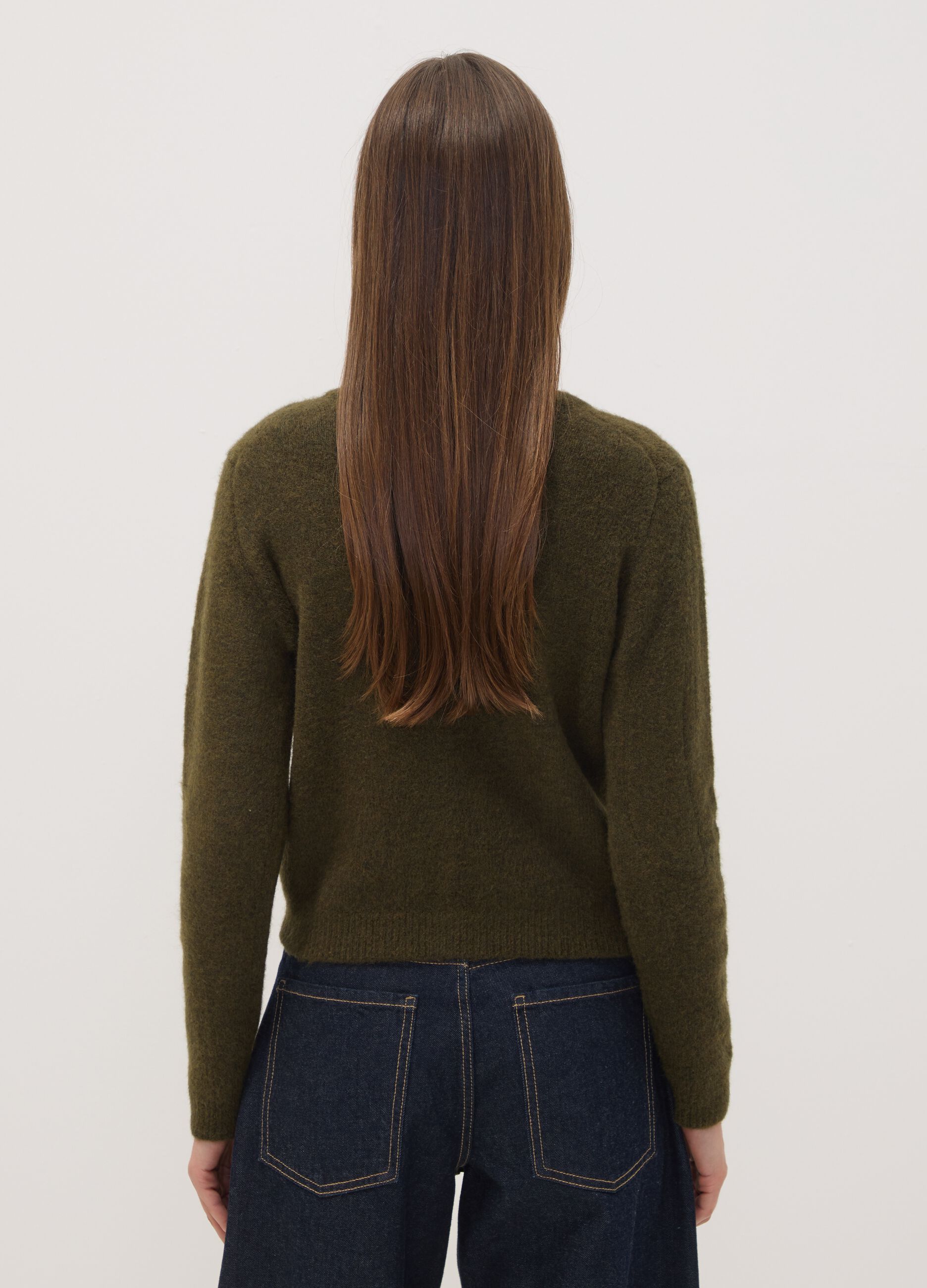 Green stretch-wool crew-neck cardigan, regular fit