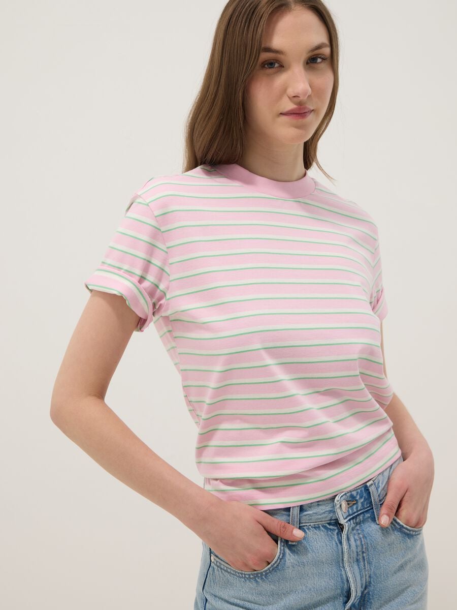 Pink striped pure cotton T-shirt_0