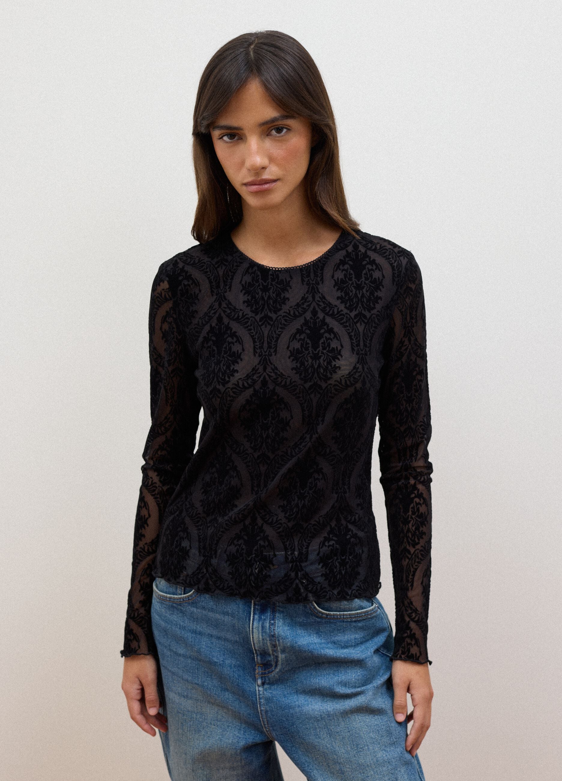 Black regular-fit T-shirt in sheer stretch fabric with pattern