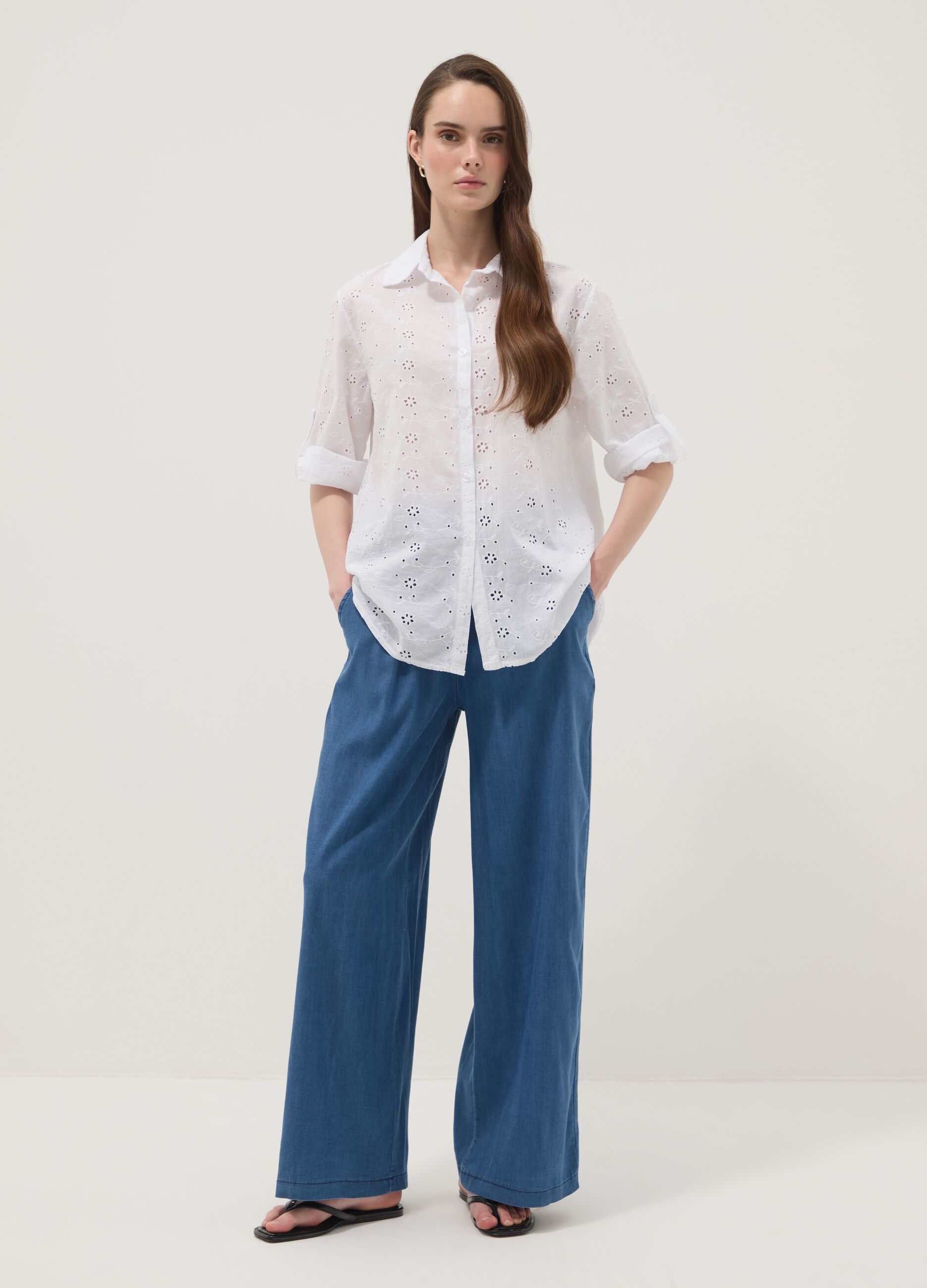 Blue wide-leg pure lyocell trousers, regular fit