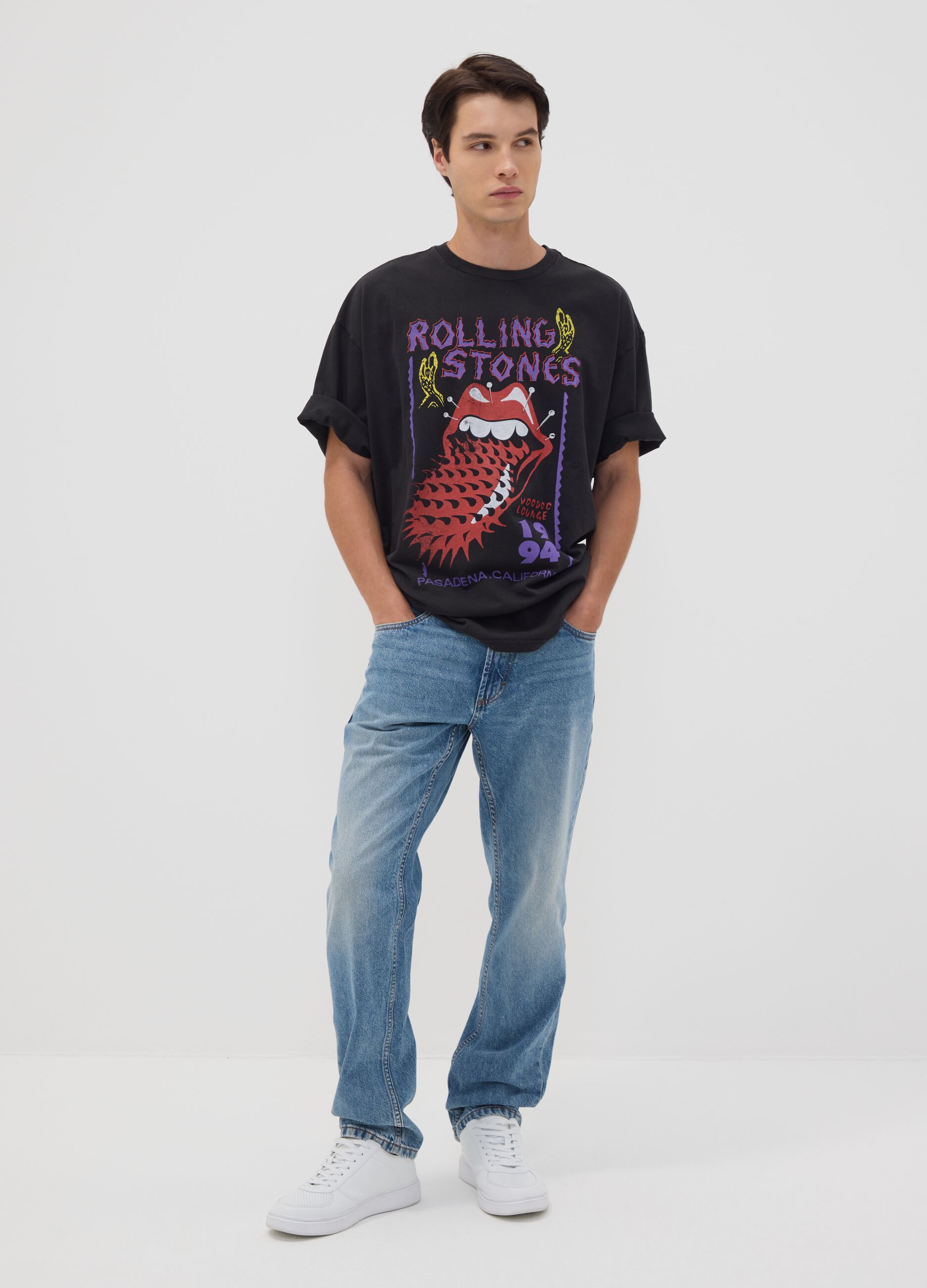 Black pure cotton T-shirt with Rolling Stones print