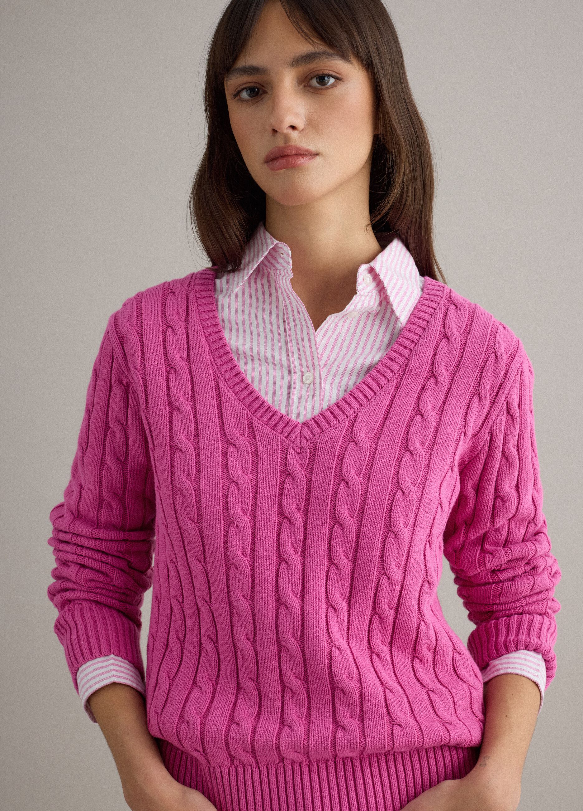 Pink pure cotton regular fit pullover with cable knit design