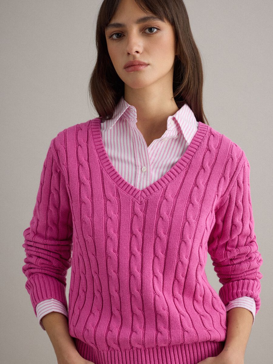 Pink pure cotton regular fit pullover with cable knit design_0