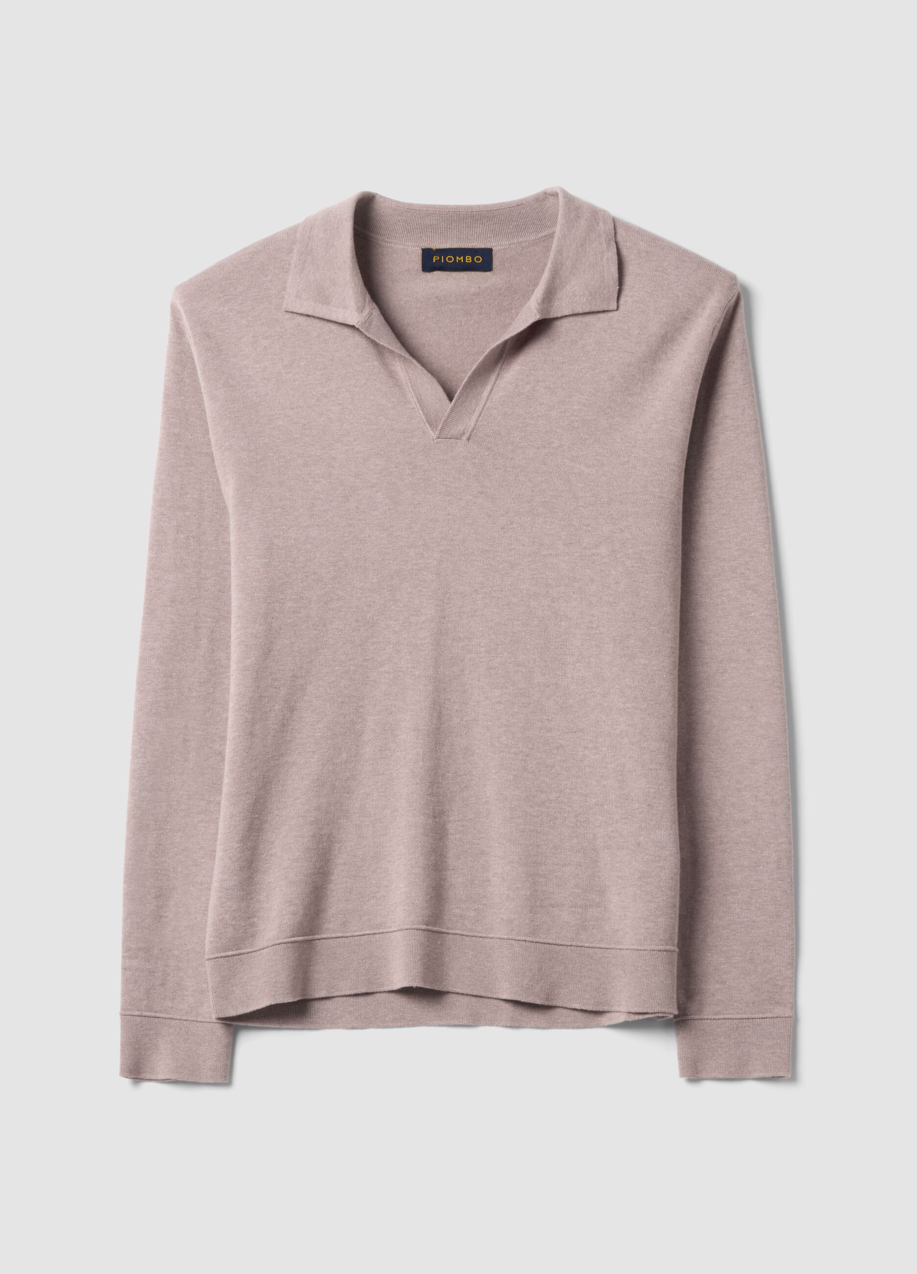 Beige long-sleeve pure cotton polo shirt