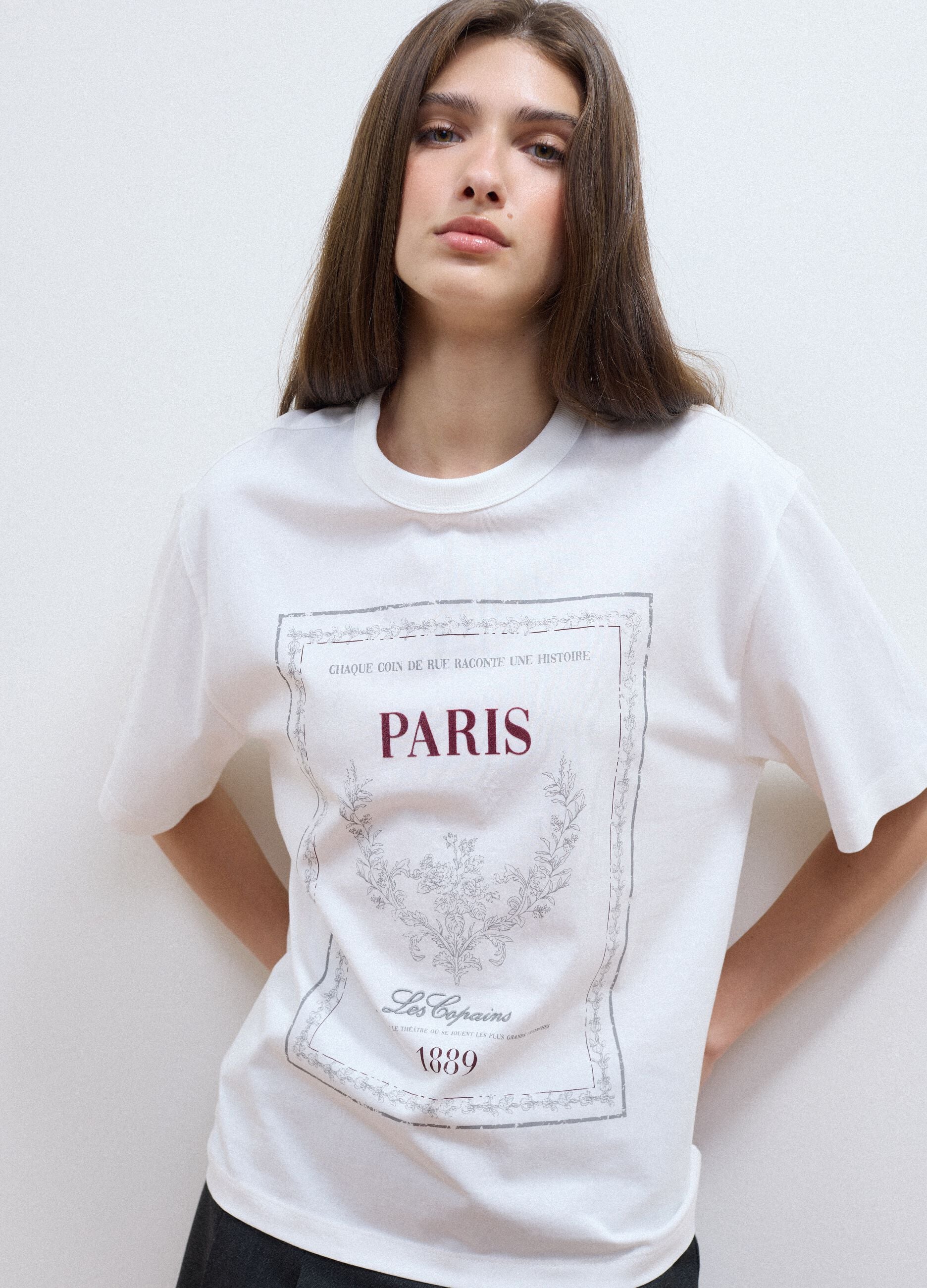 White pure cotton crew-neck T-shirt with print, relaxed fit