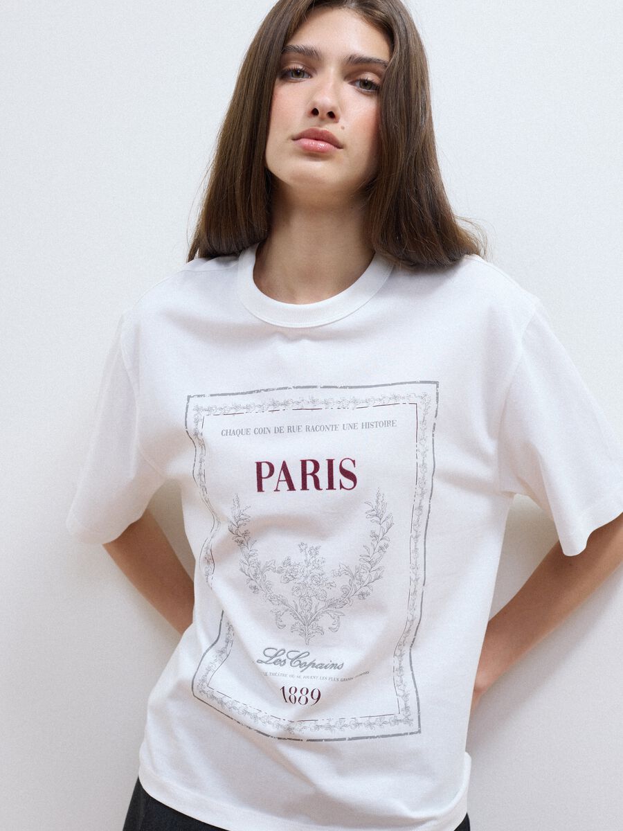 White pure cotton crew-neck T-shirt with print, relaxed fit_0
