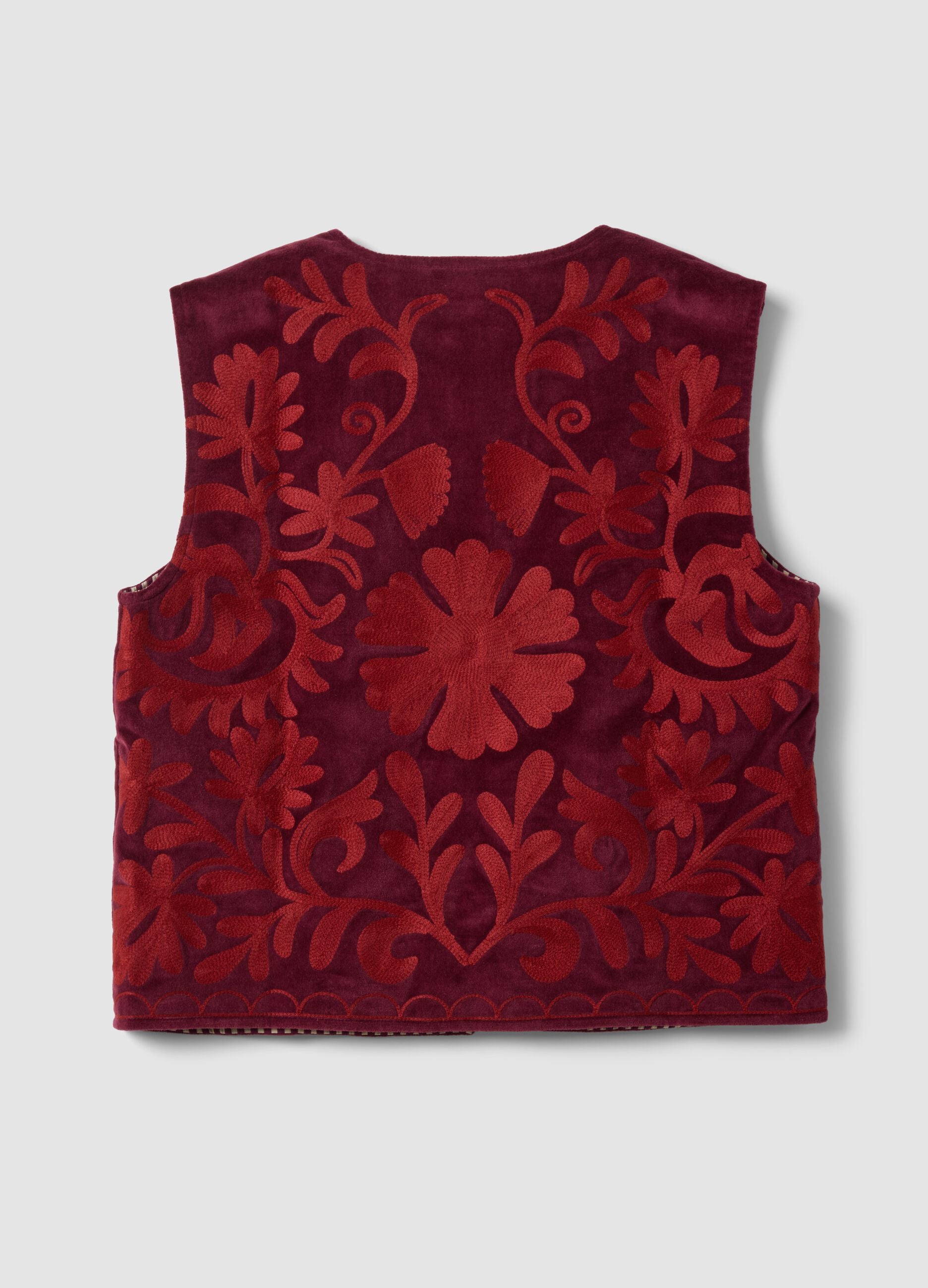 Gilet rosso in puro cotone con ricami floreali