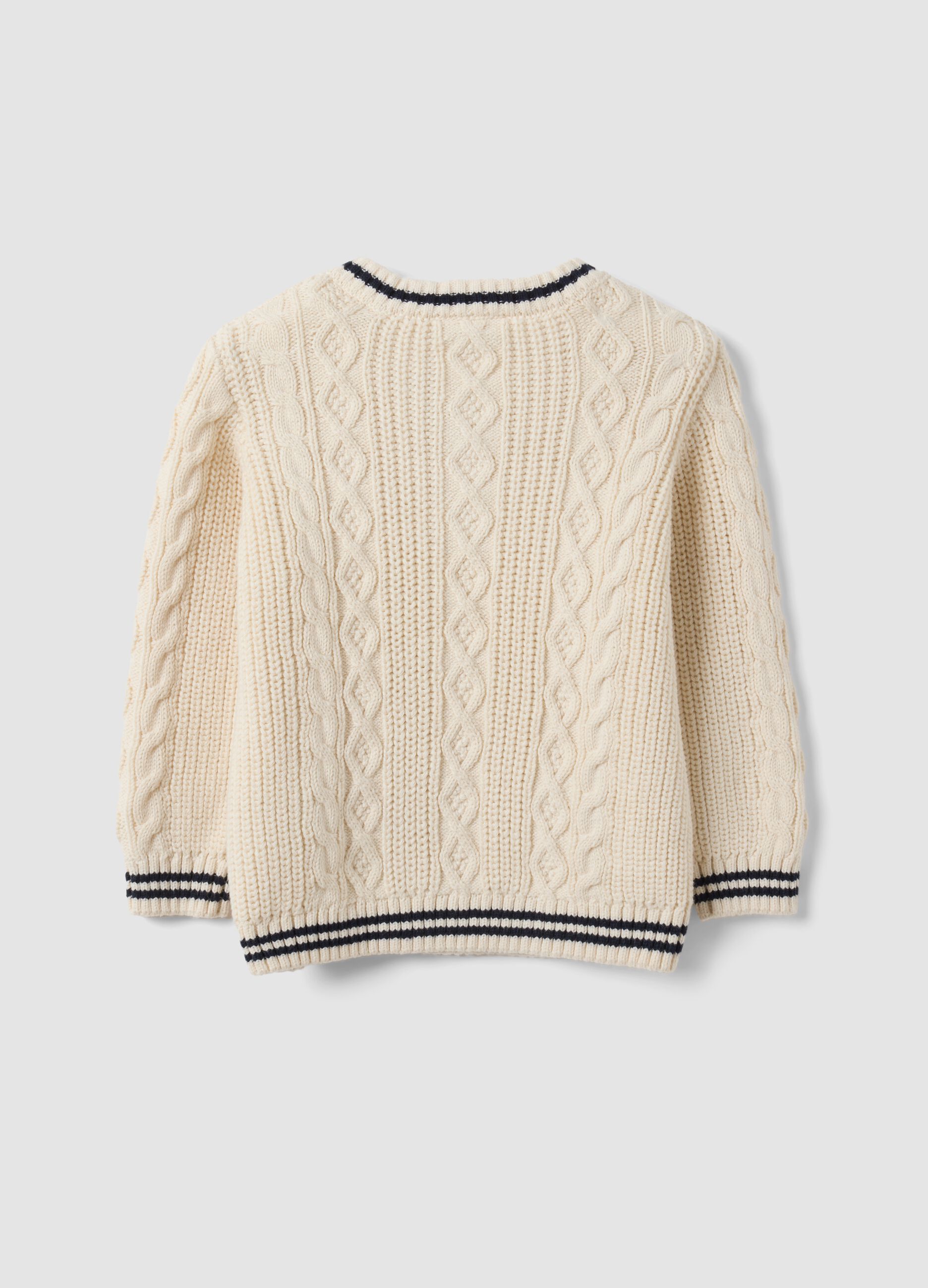 White pure cotton cable-knit V-neck jumper for boys