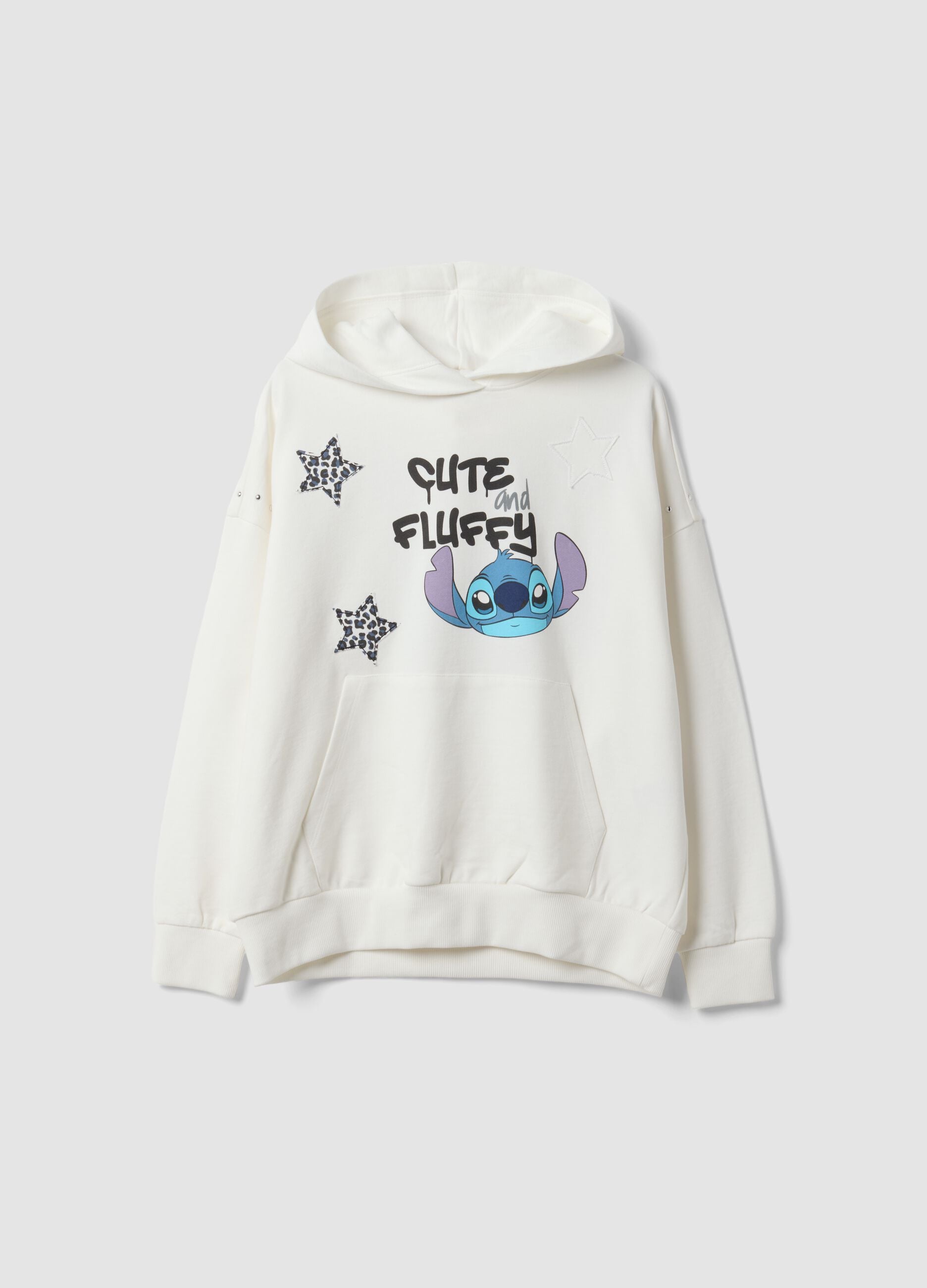 Sweatshirt branca oversized com capuz em puro algod&atilde;o com estampado do Stitch para rapariga
