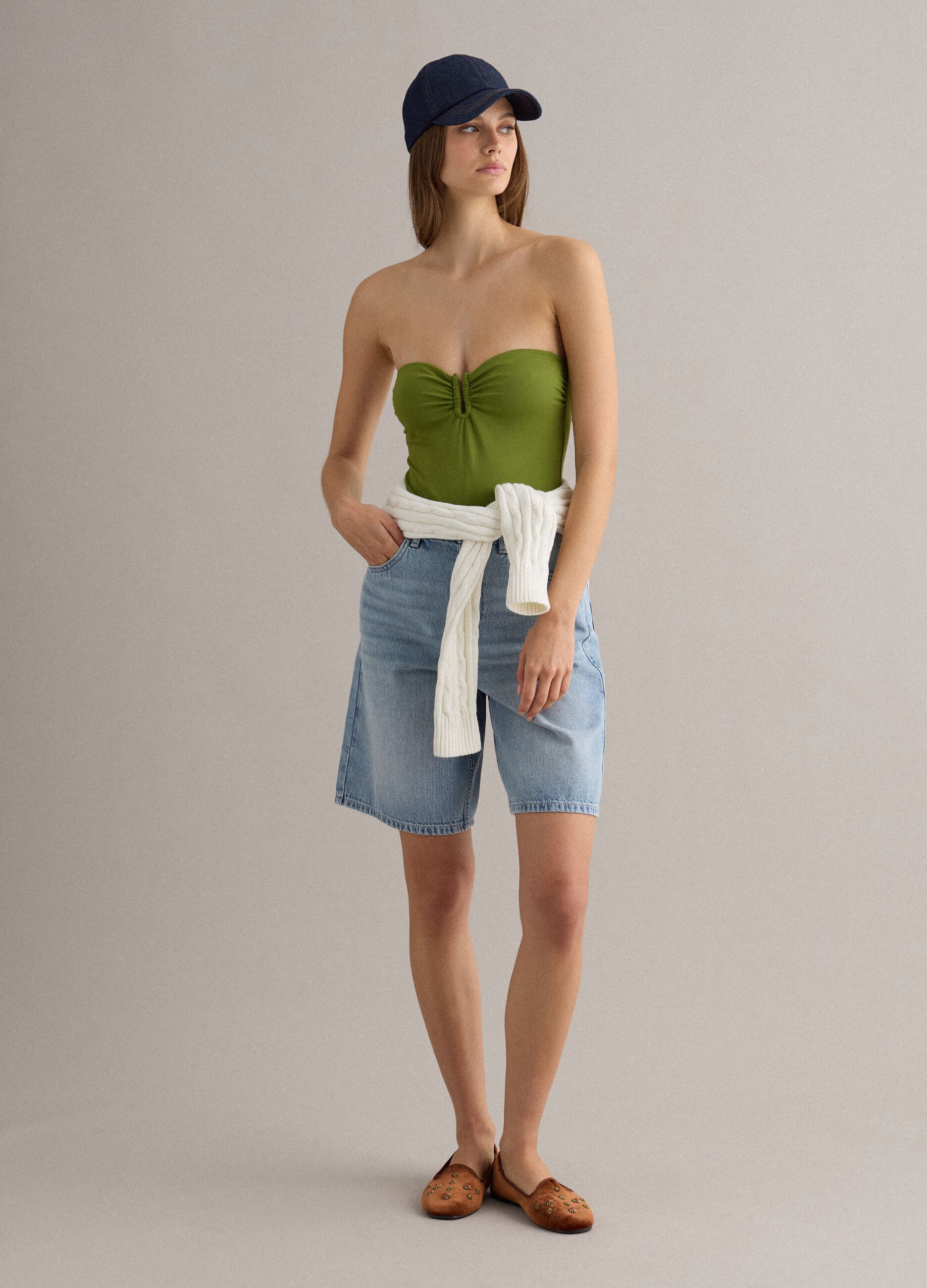 Green stretch one-piece swimsuit with removable straps