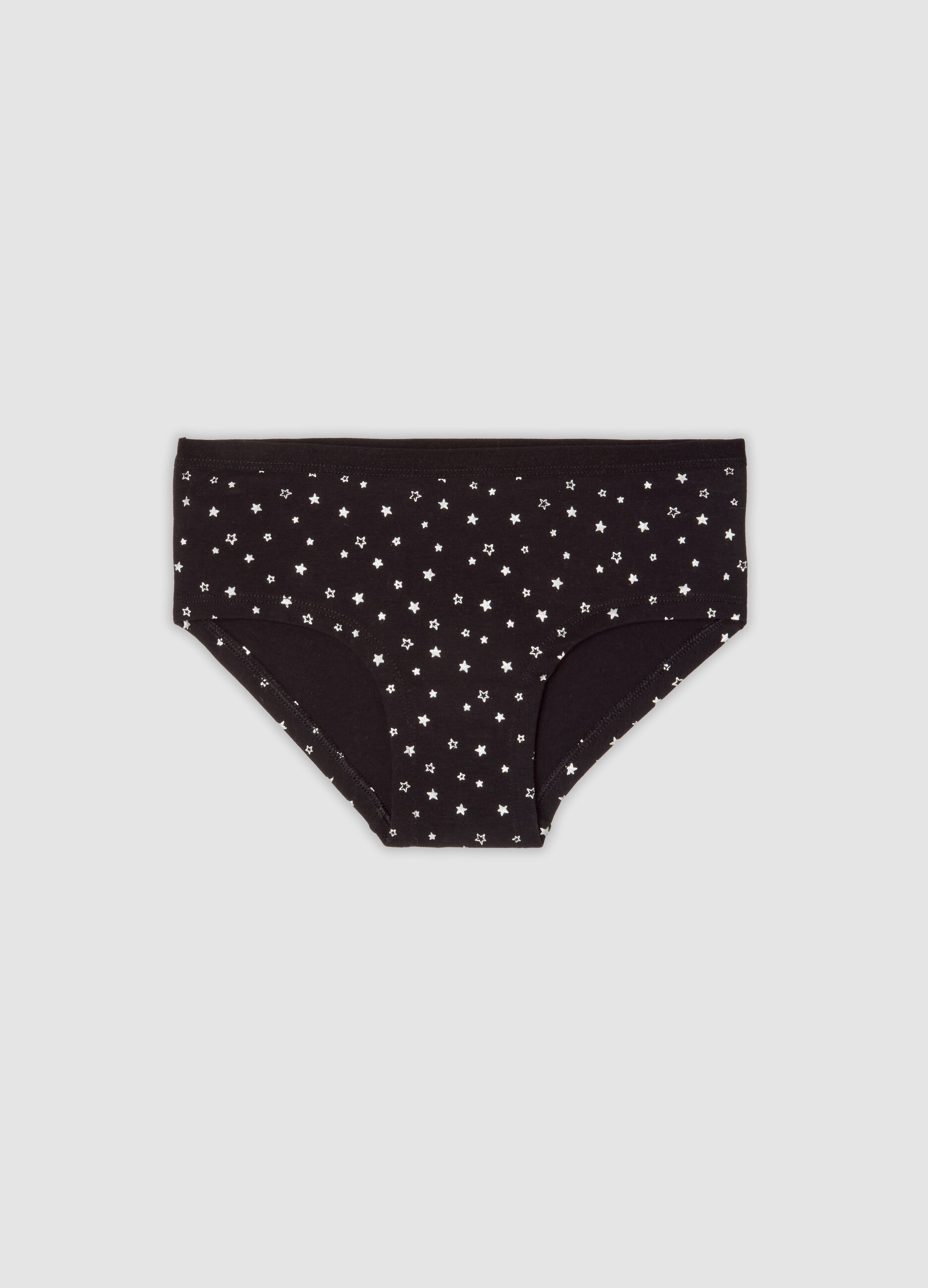 Cueca preta de algod&atilde;o org&acirc;nico el&aacute;stico com estampado de estrelas