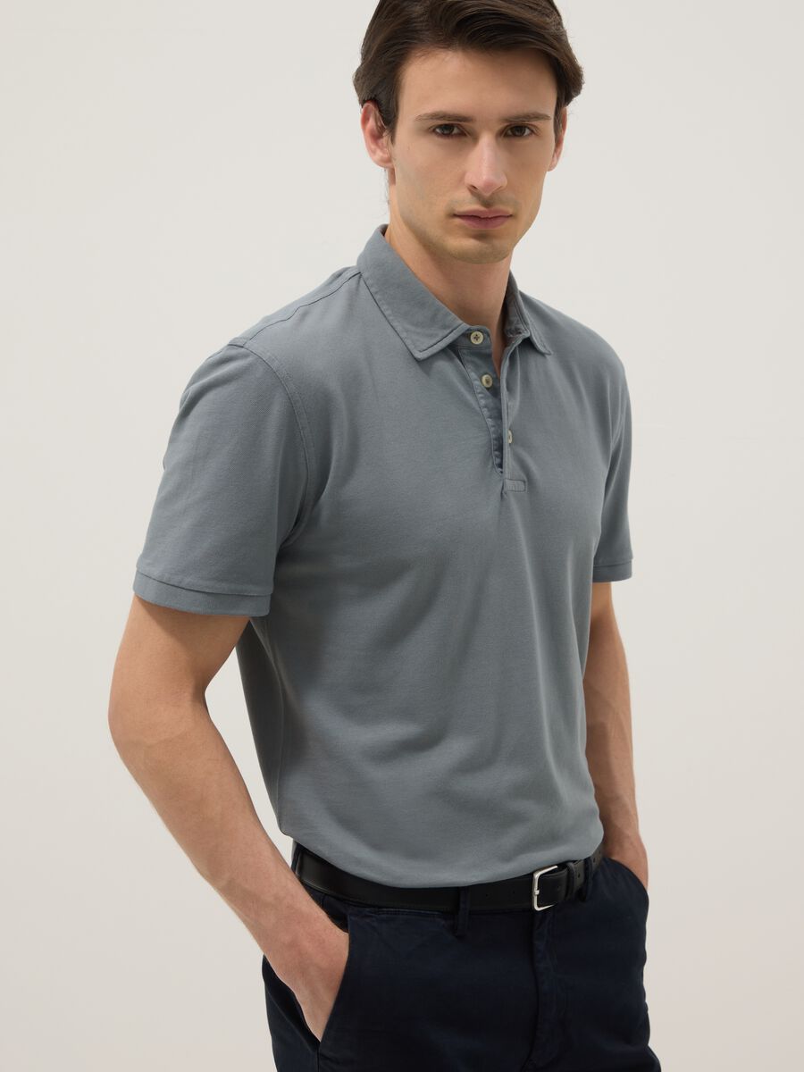 Grey pure cotton slim-fit short-sleeve polo_0