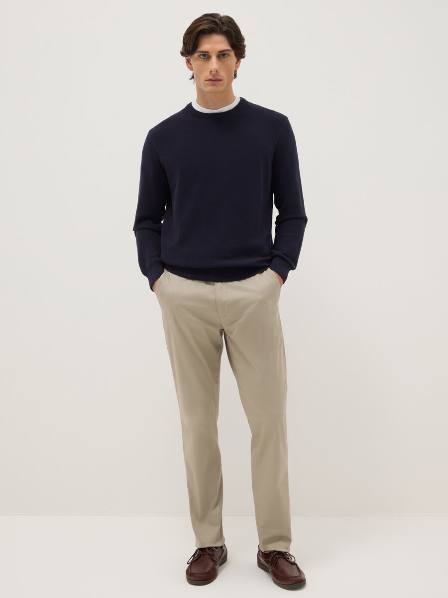 Beige slim fit stretch cotton chino trousers_0