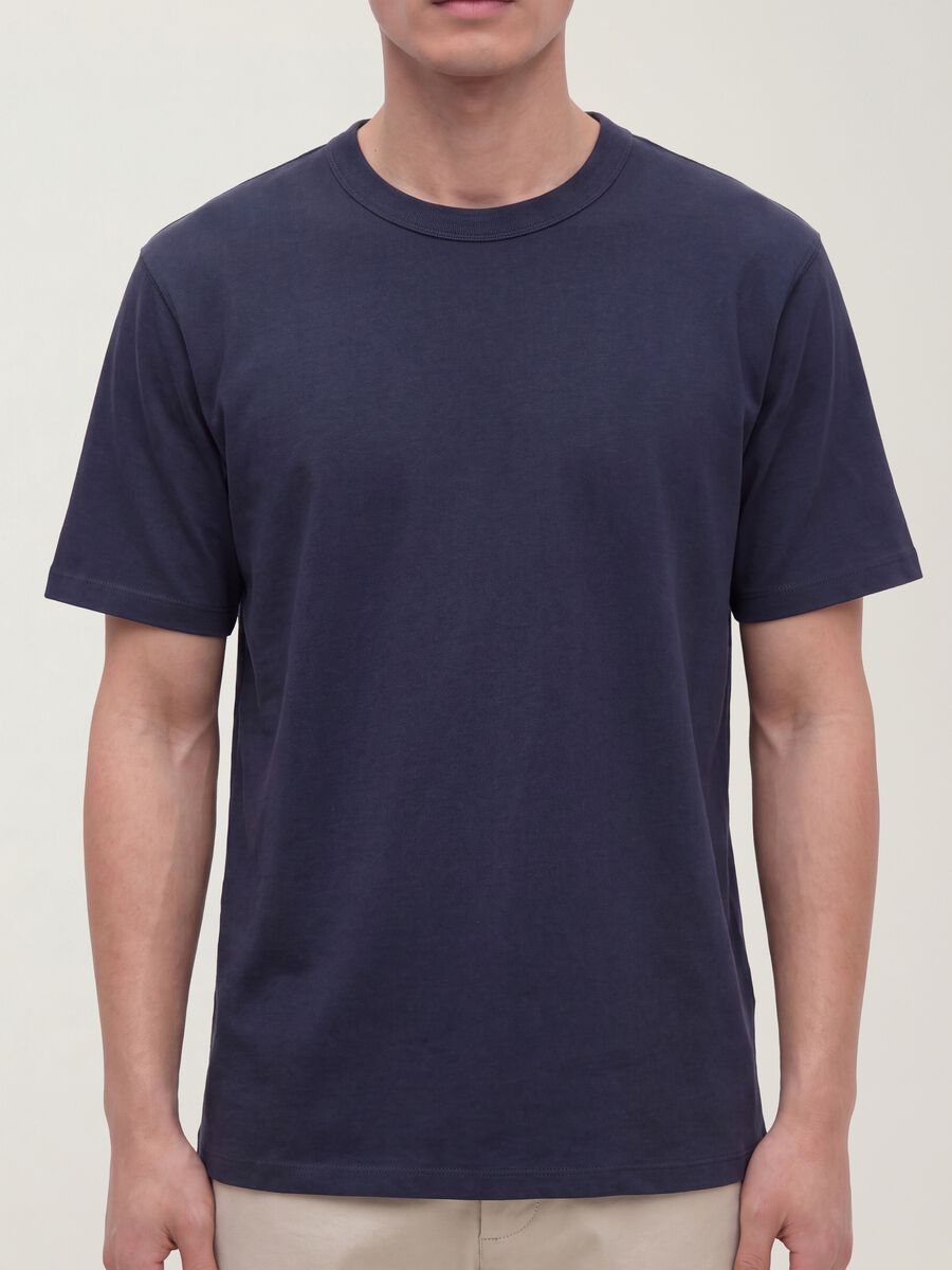 Blue pure cotton crew-neck T-shirt, relaxed fit_4
