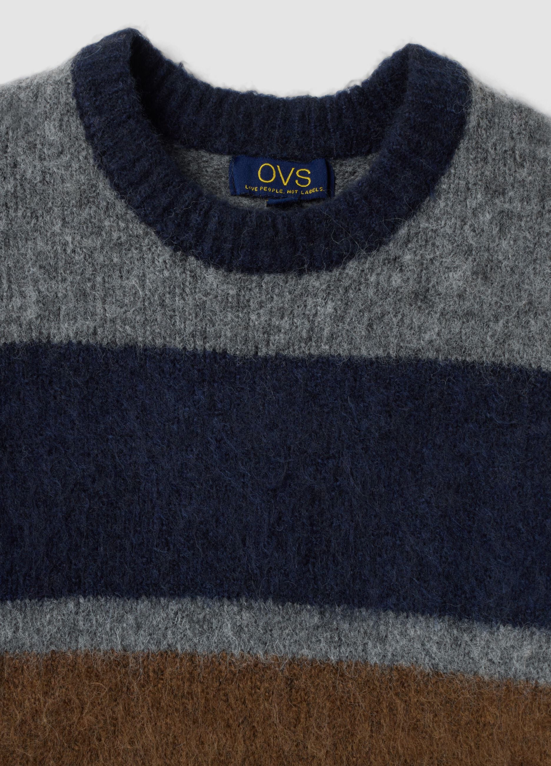 Grauer gestreifter Pullover aus Stretchwolle mit Rundhals, Regular Fit