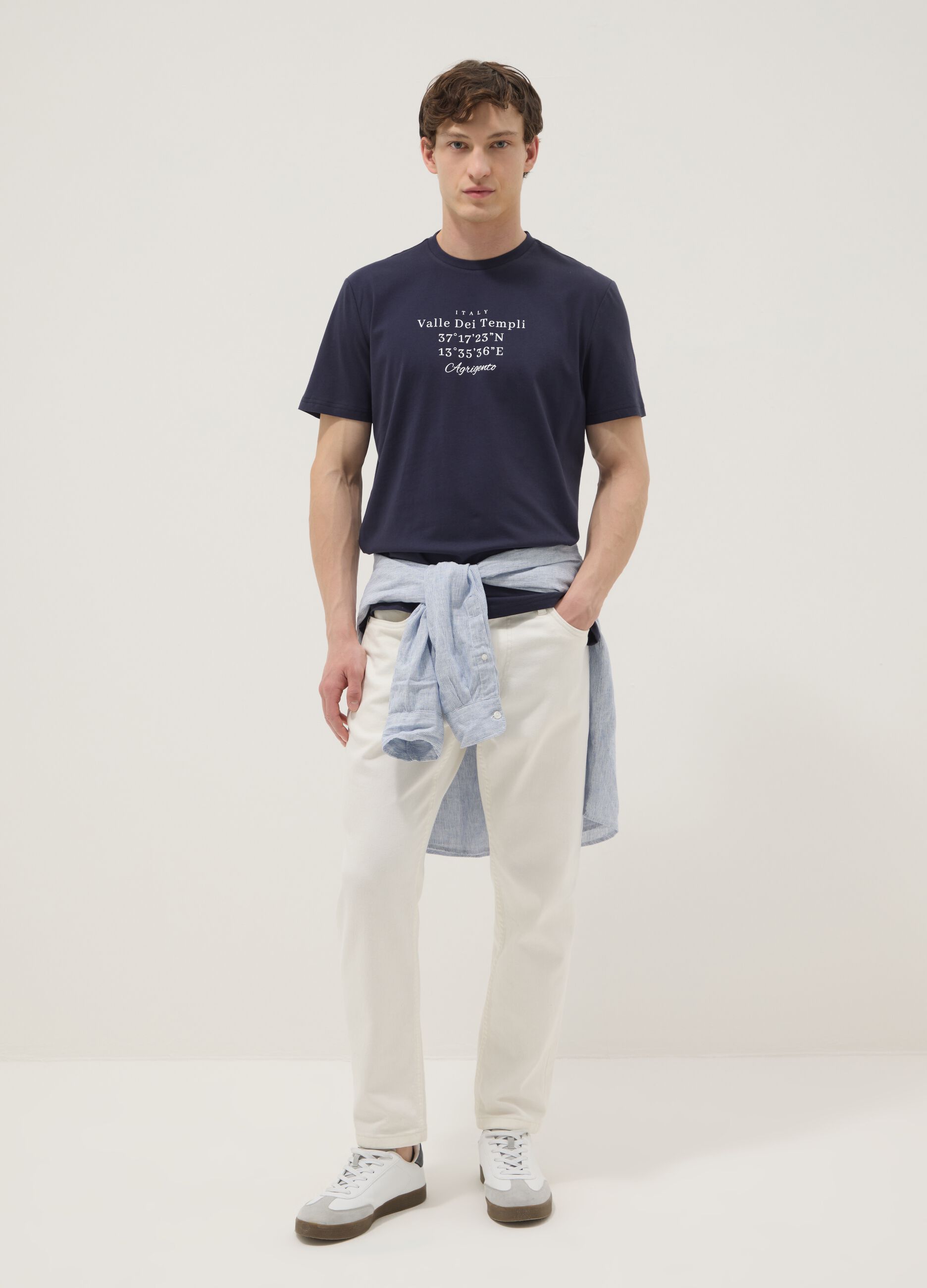 Blaues Kurzarm-T-Shirt aus reiner Baumwolle, Regular Fit