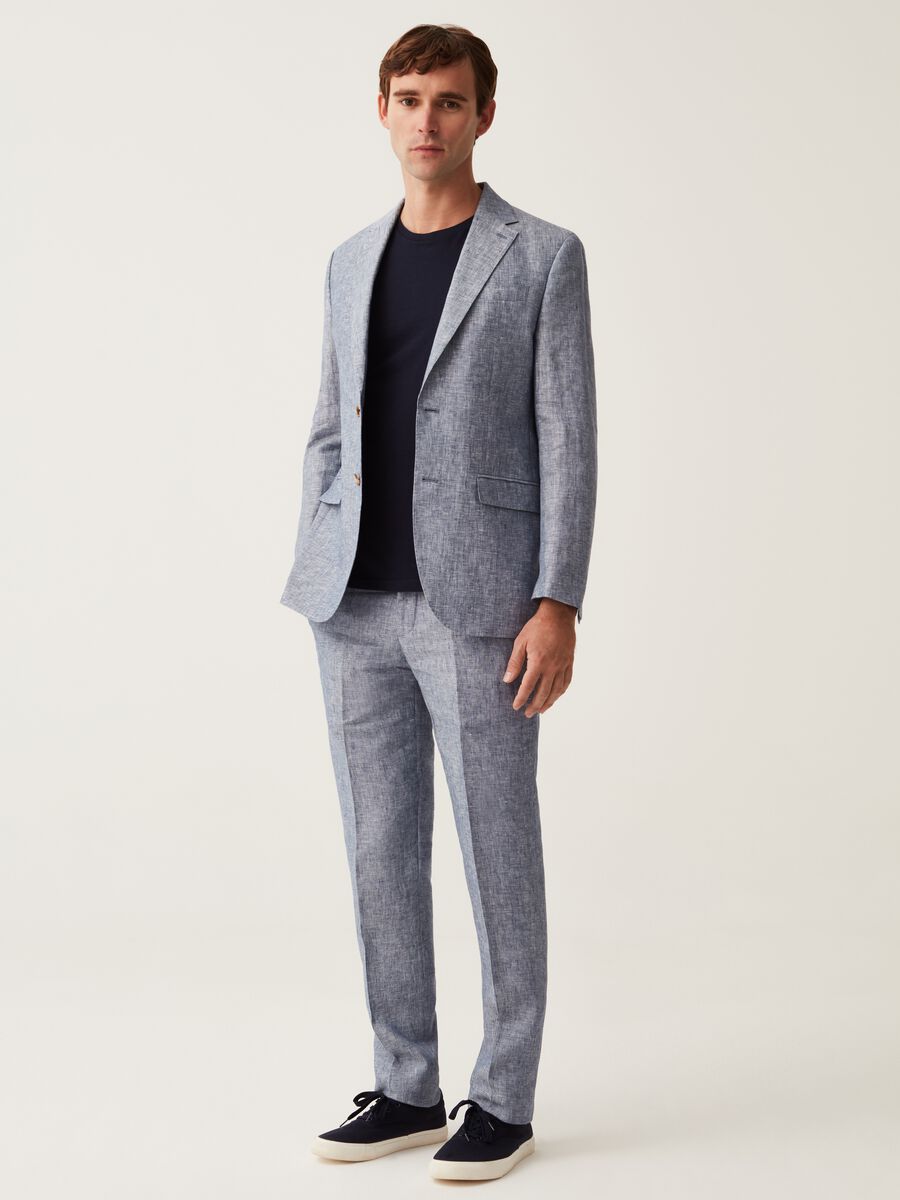 Slim-fit trousers in blue linen chambray_0