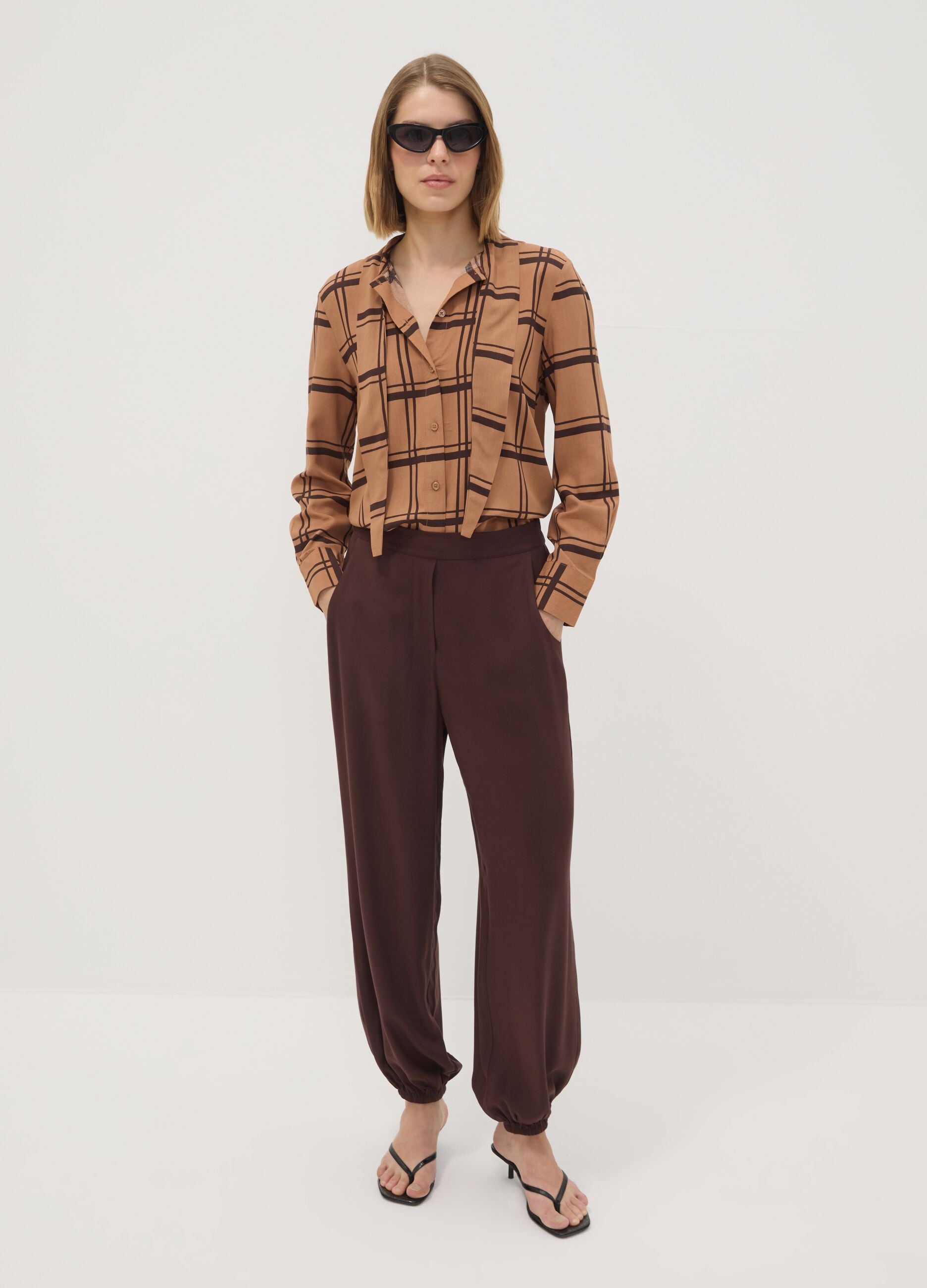 Brown checked pure viscose shirt with neck tie, regular fit