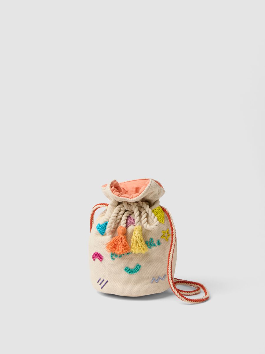 White pure cotton bucket bag with colourful crochet details_0
