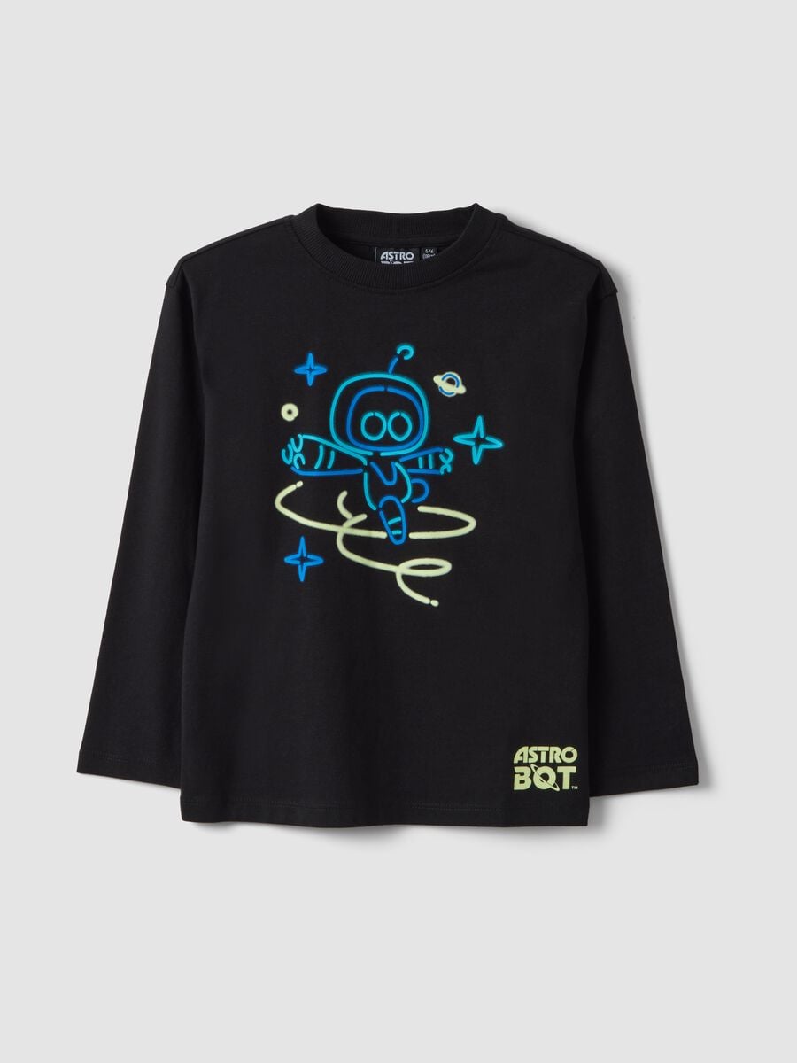 T-shirt preta em algod&atilde;o puro com estampado Astro Bot, corte relaxed_0