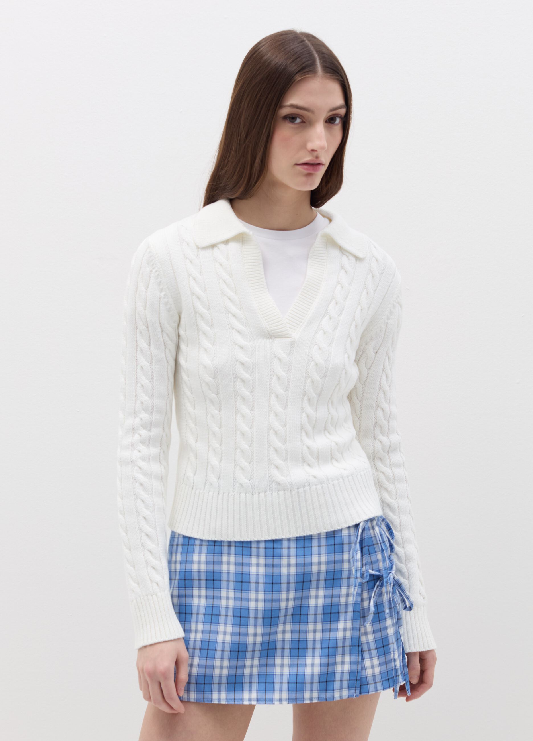 Cable-knit top with polo neck
