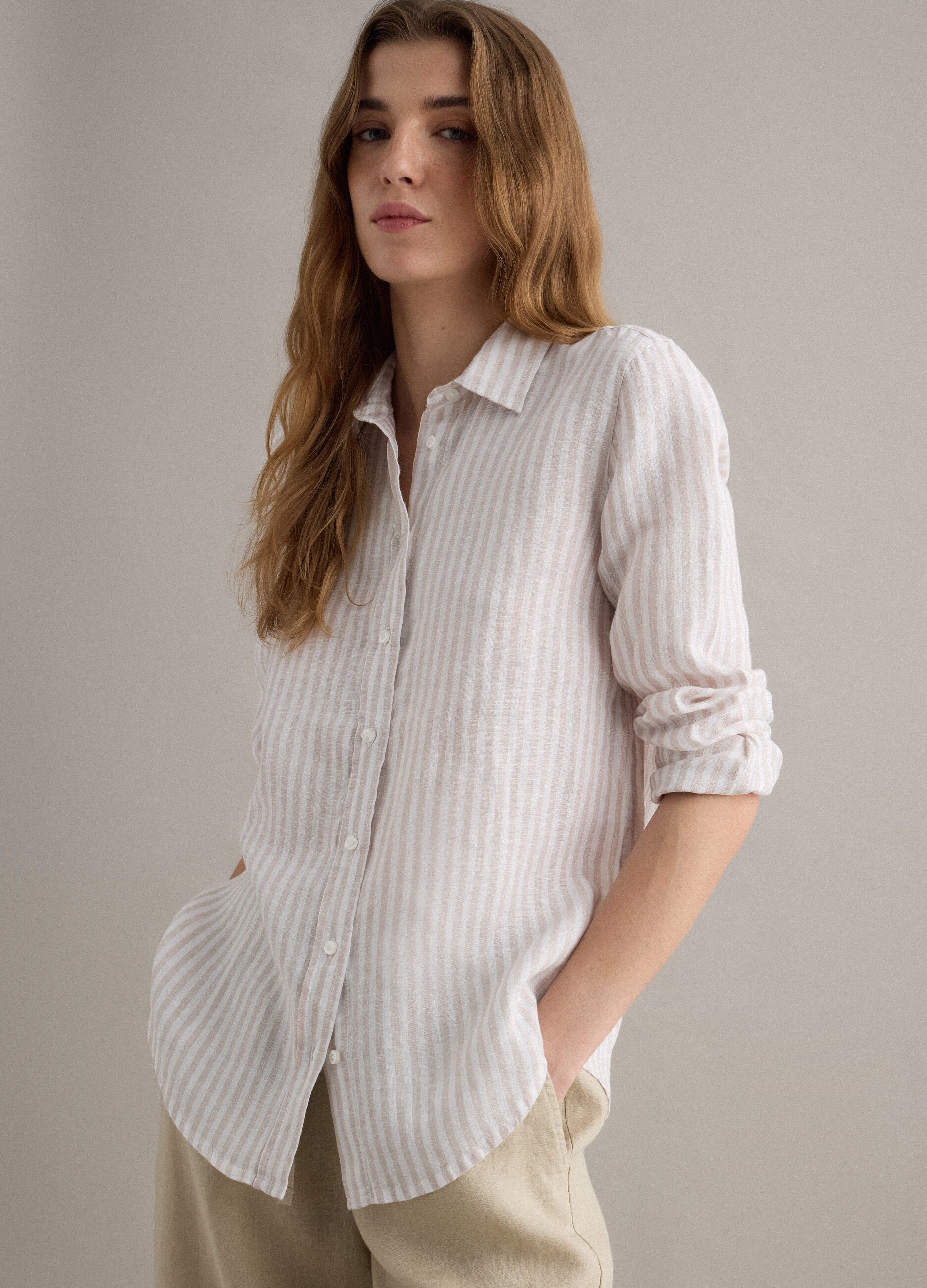Pure linen striped shirt in white and beige regular fit