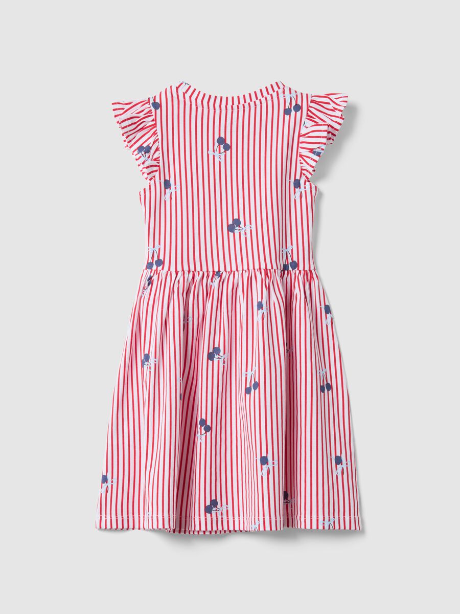 Red striped pure cotton dress with ruffles and prints for girls_1