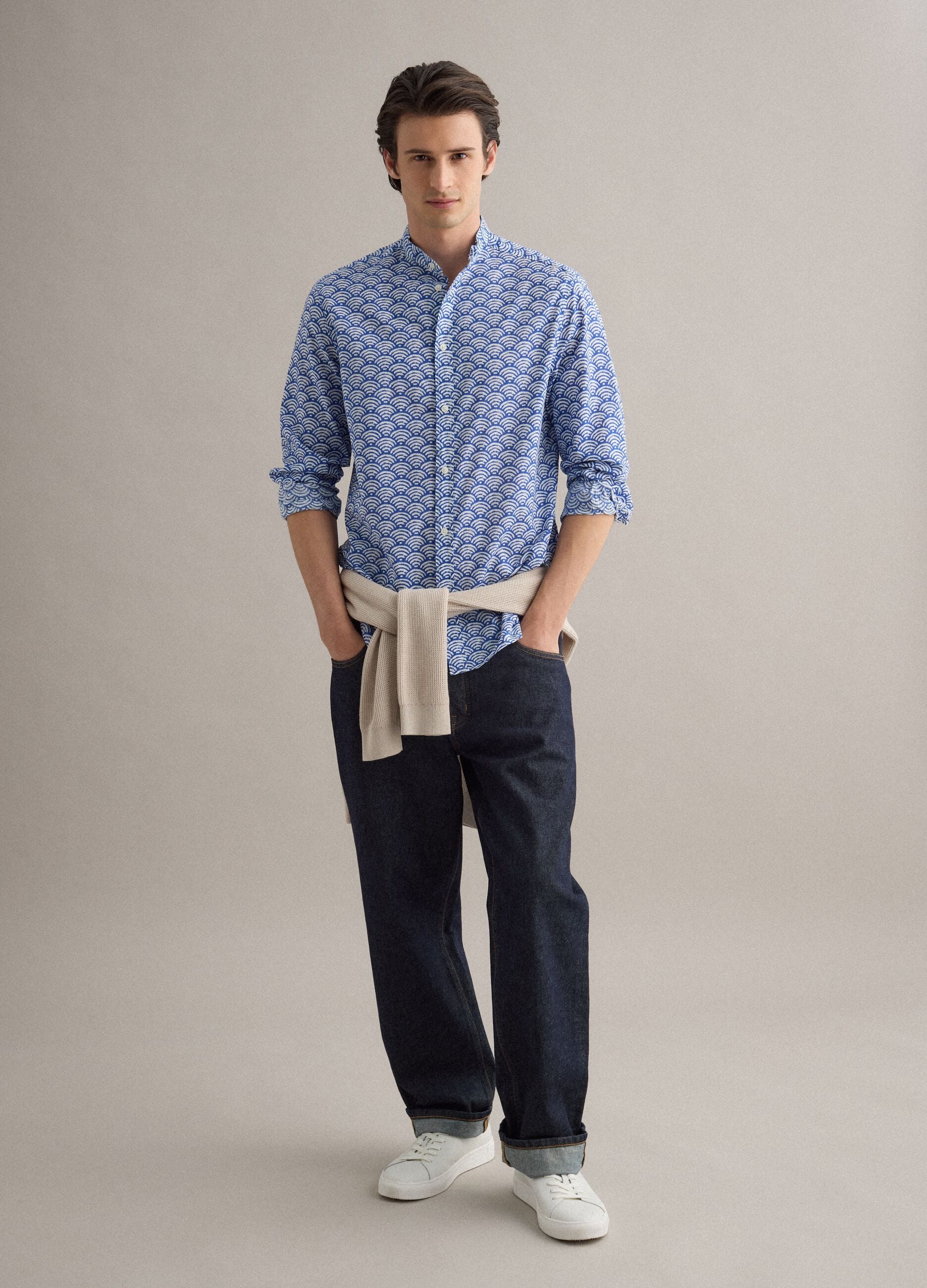 Multicolored shirt with Mandarin collar in pure cotton regular fit