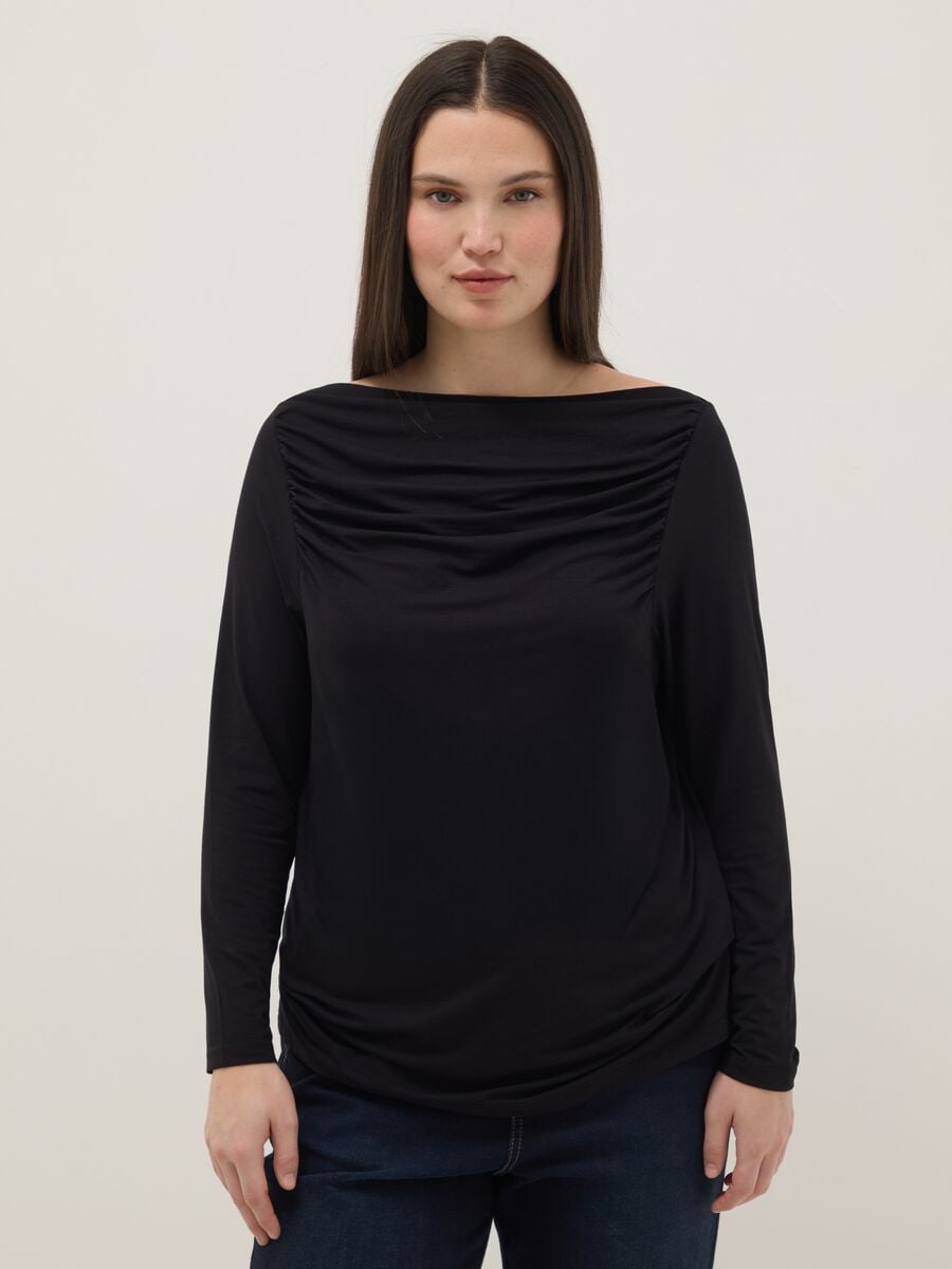Black stretch viscose long sleeve top with boat neckline and regular fit_0