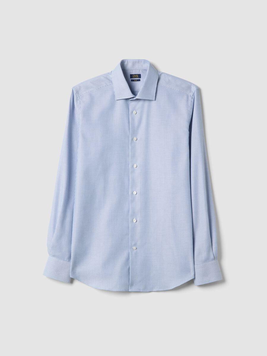 Light blue slim fit cotton shirt with micro-checks_0