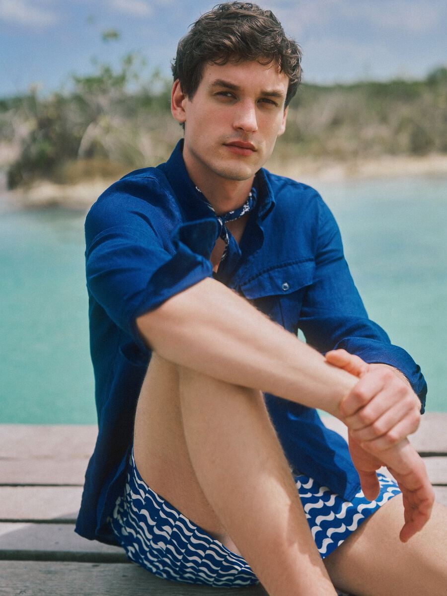 Blue regular-fit pure linen shirt with double pocket_0
