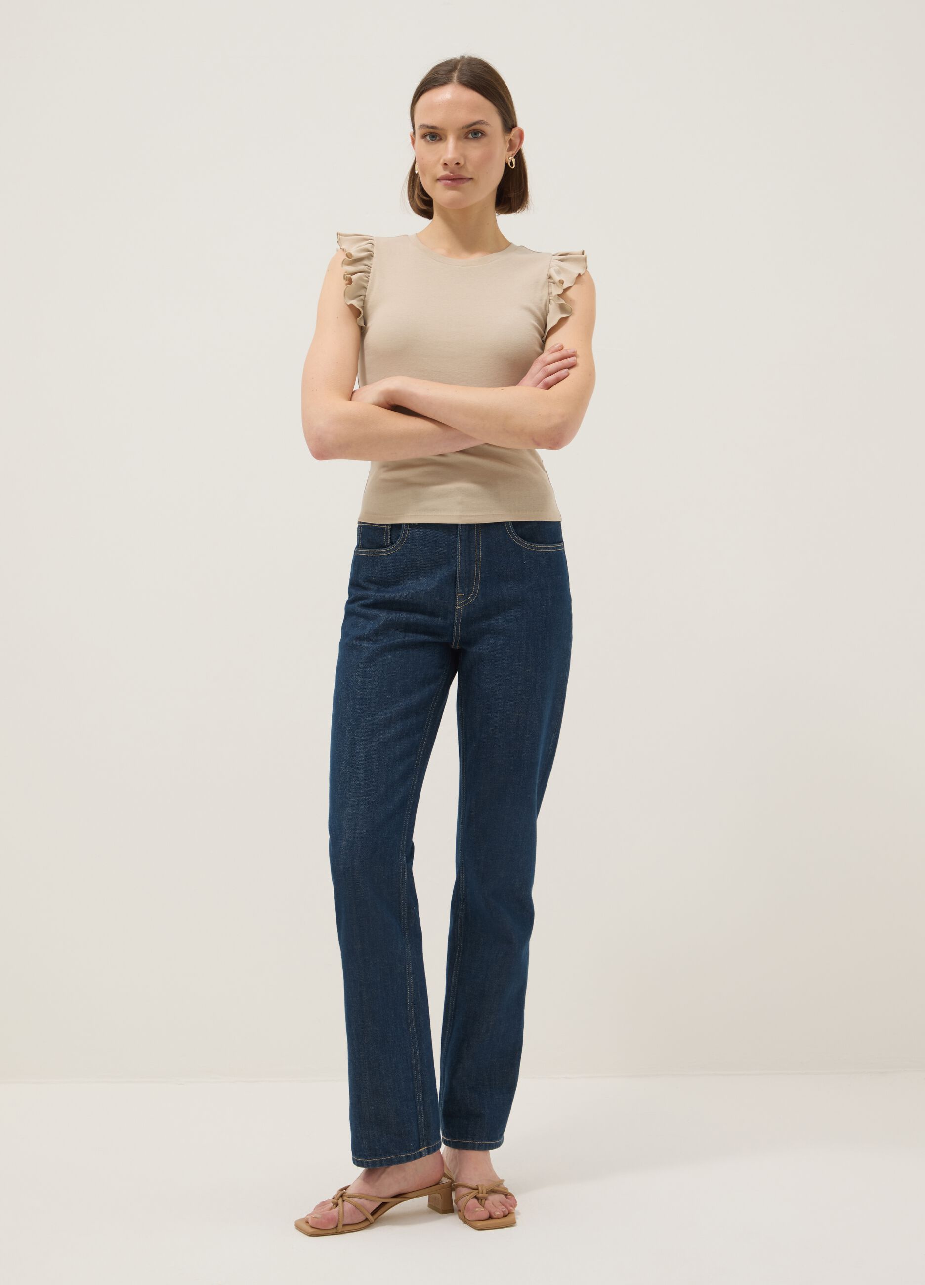 Beige slim fit pure cotton t-shirt with ruffles