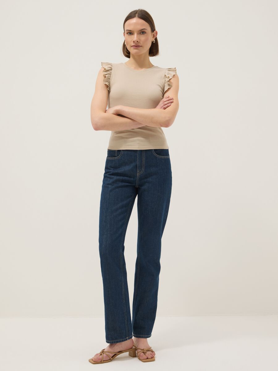 Beige slim fit pure cotton t-shirt with ruffles_1