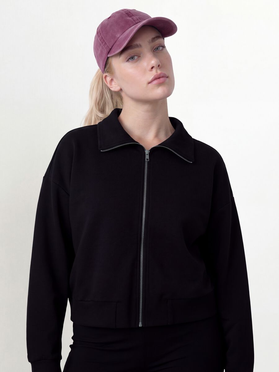 Felpa full zip nera in viscosa elasticizzata con colletto_1