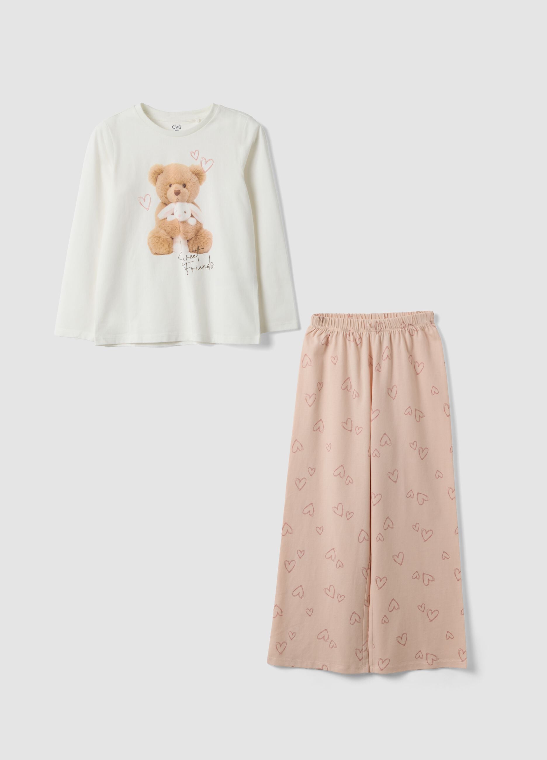 Pijama branco e rosa em algod&atilde;o org&acirc;nico puro com ursinho para menina