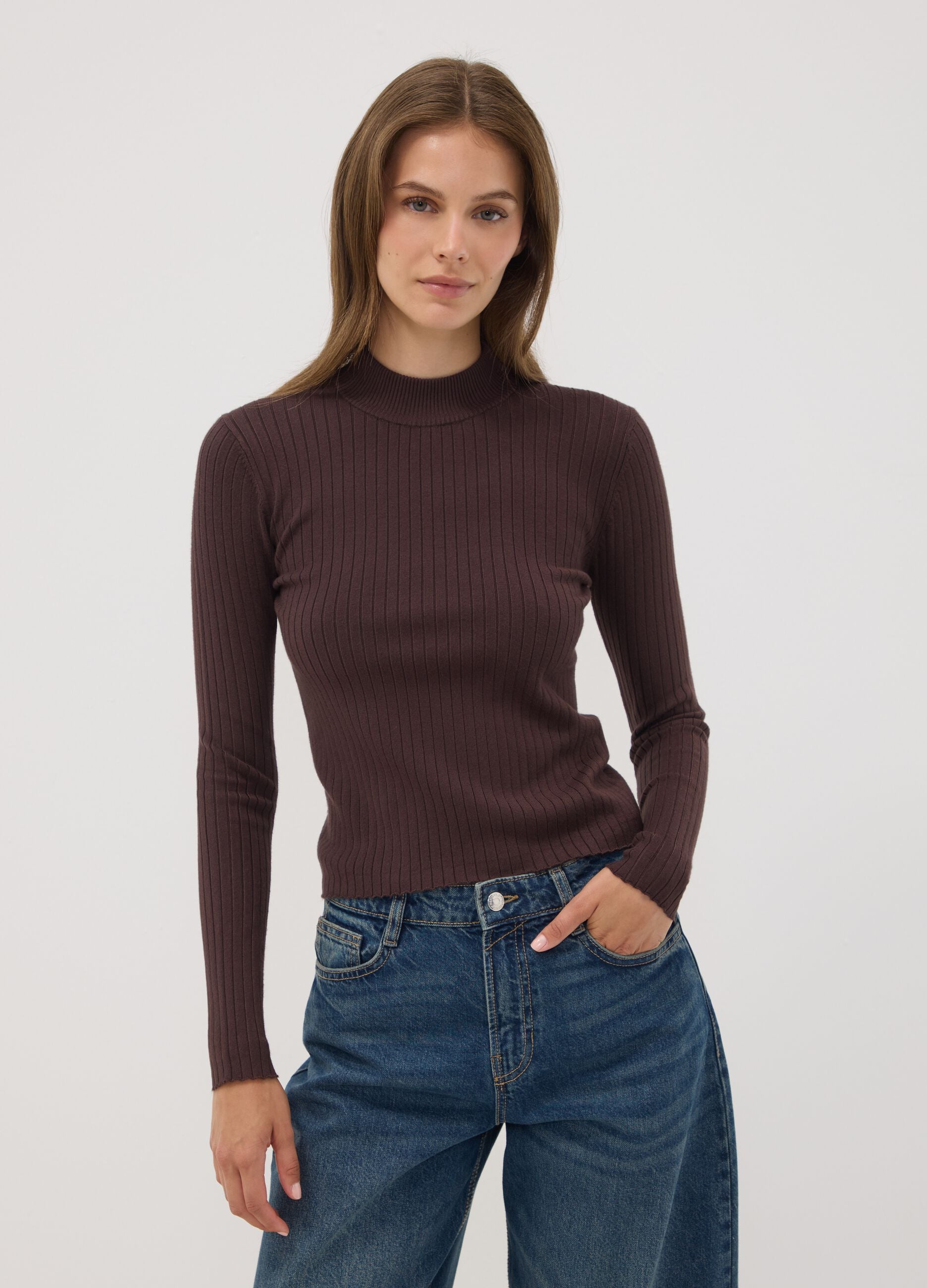 Brown ribbed viscose-blend top with high neck